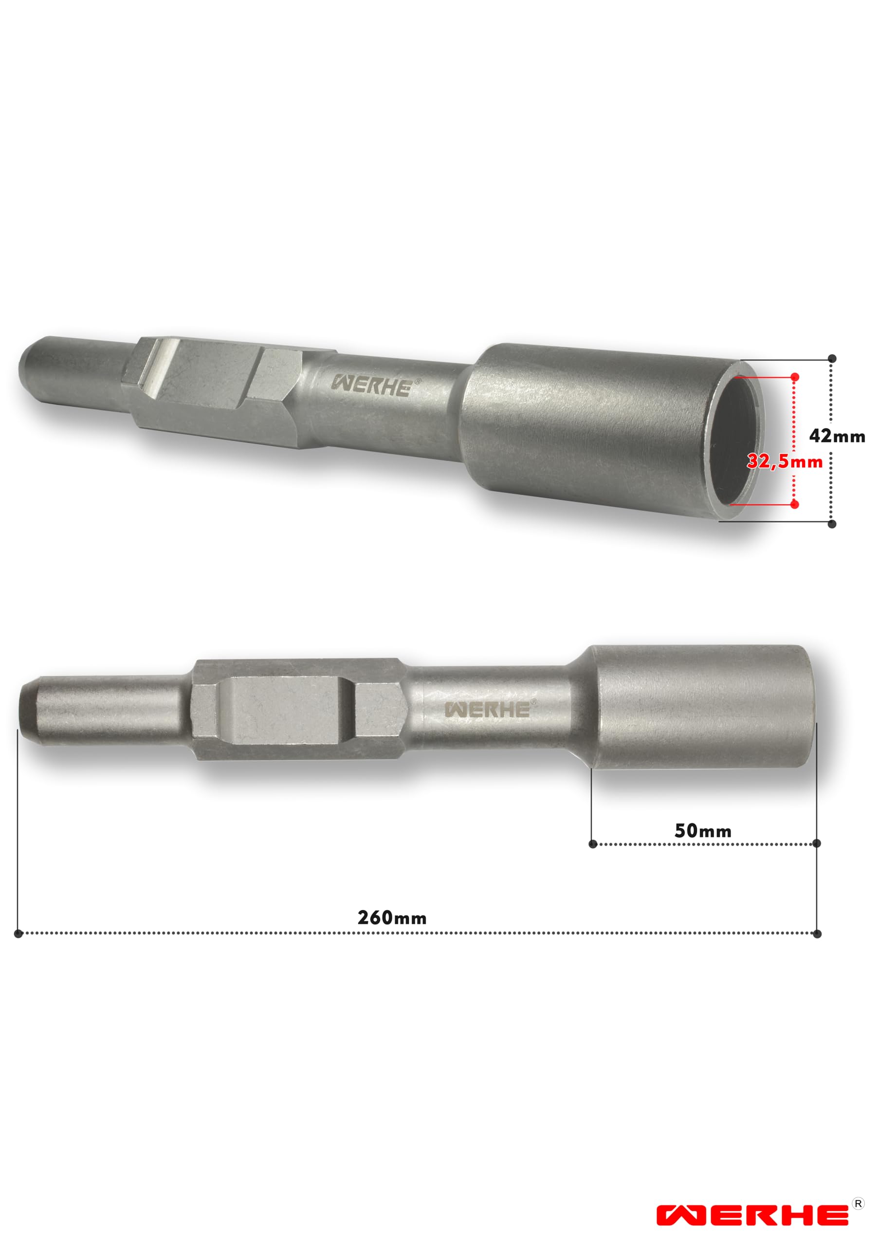 WERHE pobijak do uziomów HEX30 Ø wewnętrzna 32,5 mm | stal hartowana, głębokość otworu 50 mm, Ø zewnętrzna 42 mm, do uziomów głębinowych słupki ogrodzeniowe