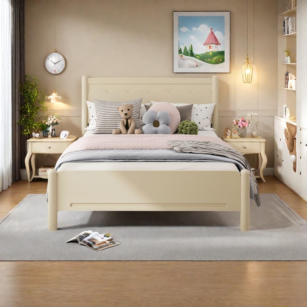 SOFTSEA King Size Bed Frame with Headboard Farmhouse Platform Bed Frame with Wood Slat Support Beige