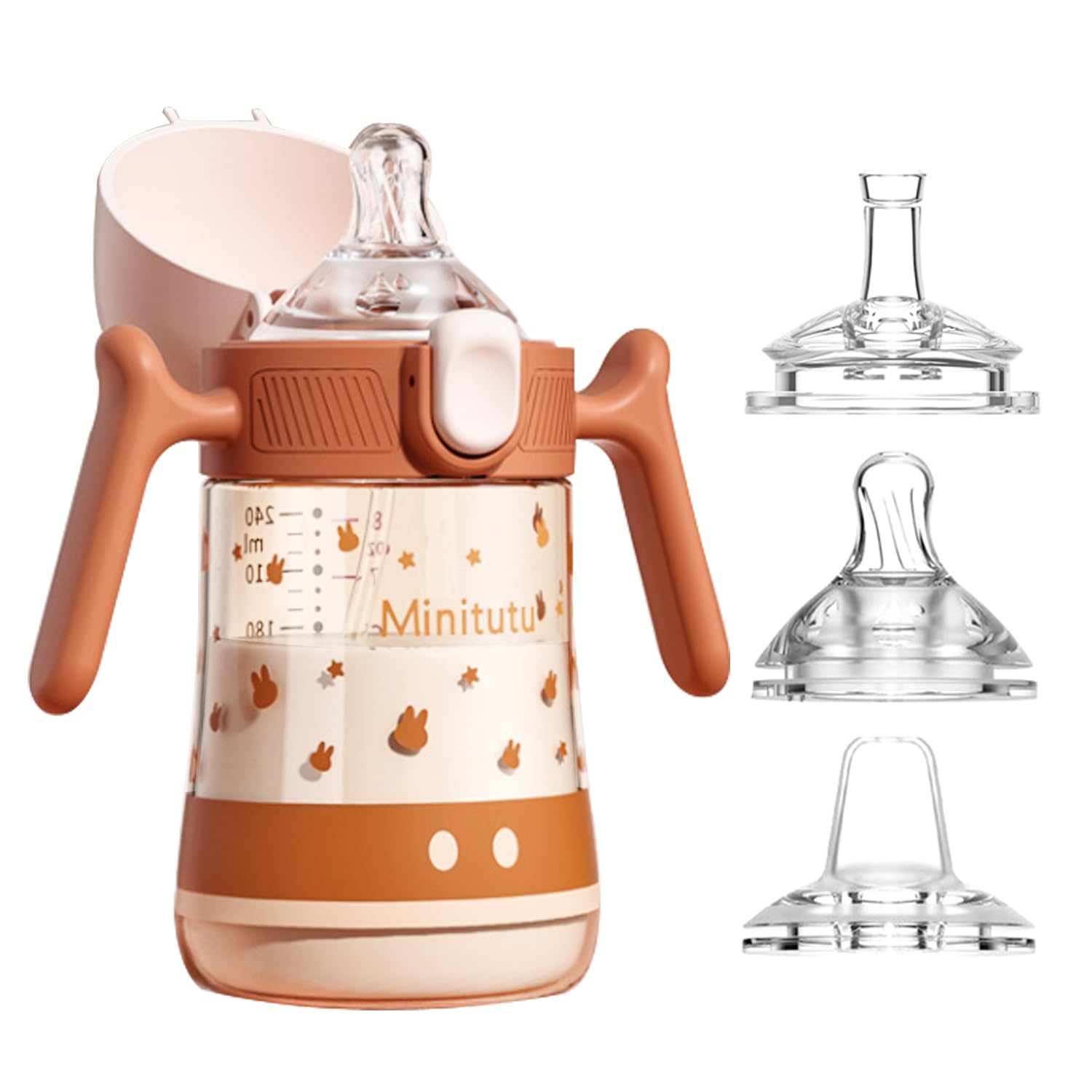 Qshare 240ml Kinder Trinklernbecher ab 6 Monate+,3 in 1Baby Trinkflasche,Trinkbecher für Babys,Baby Trinklernbecher ab 6 Monate mit ergonomischer Silikontülle (Braun)