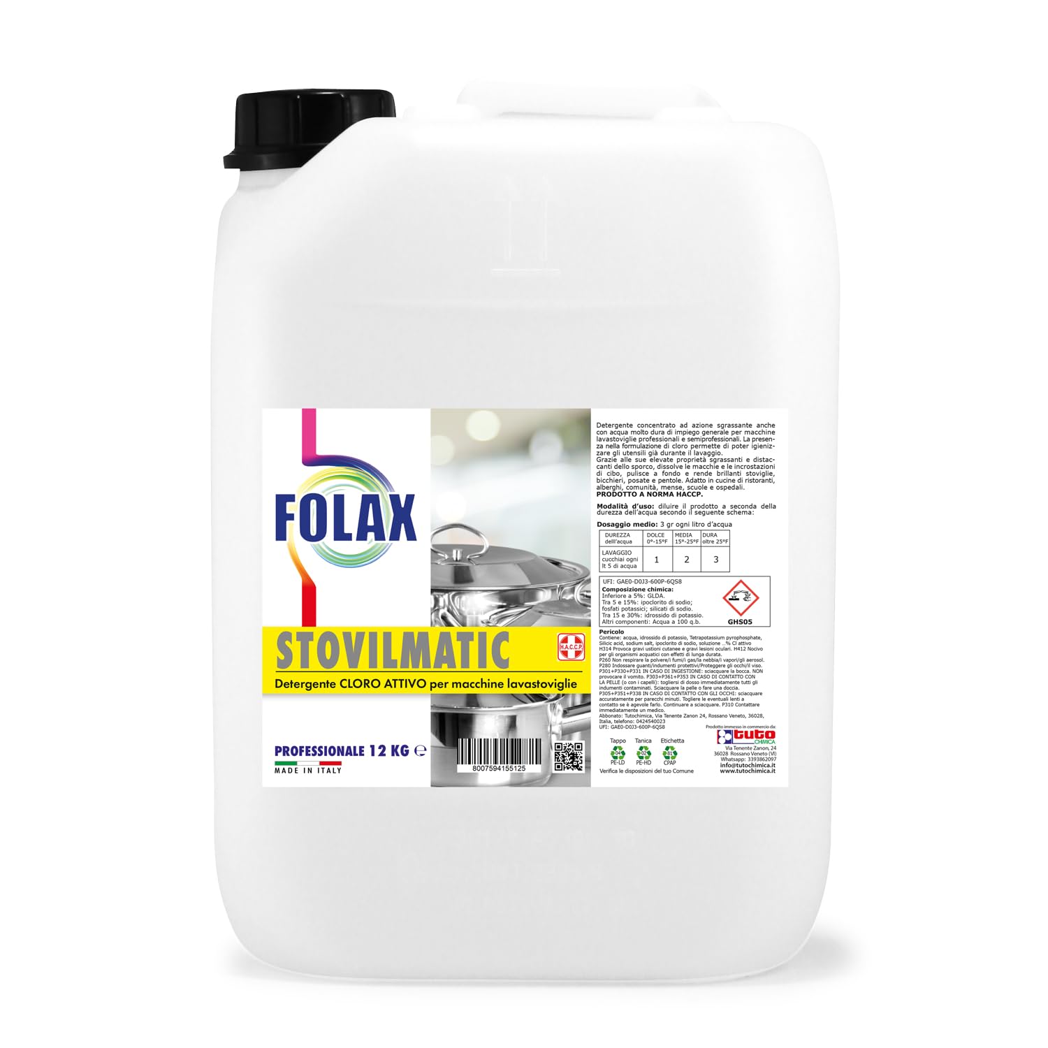 FOLAX STOVILMATIC kg 12. Detergente Lavastoviglie Professionale, Detersivo Stoviglie Industriale, Lavapiatti, Bicchieri, Pentole, Disincrostante, Ho.Re.Ca, con Cloro
