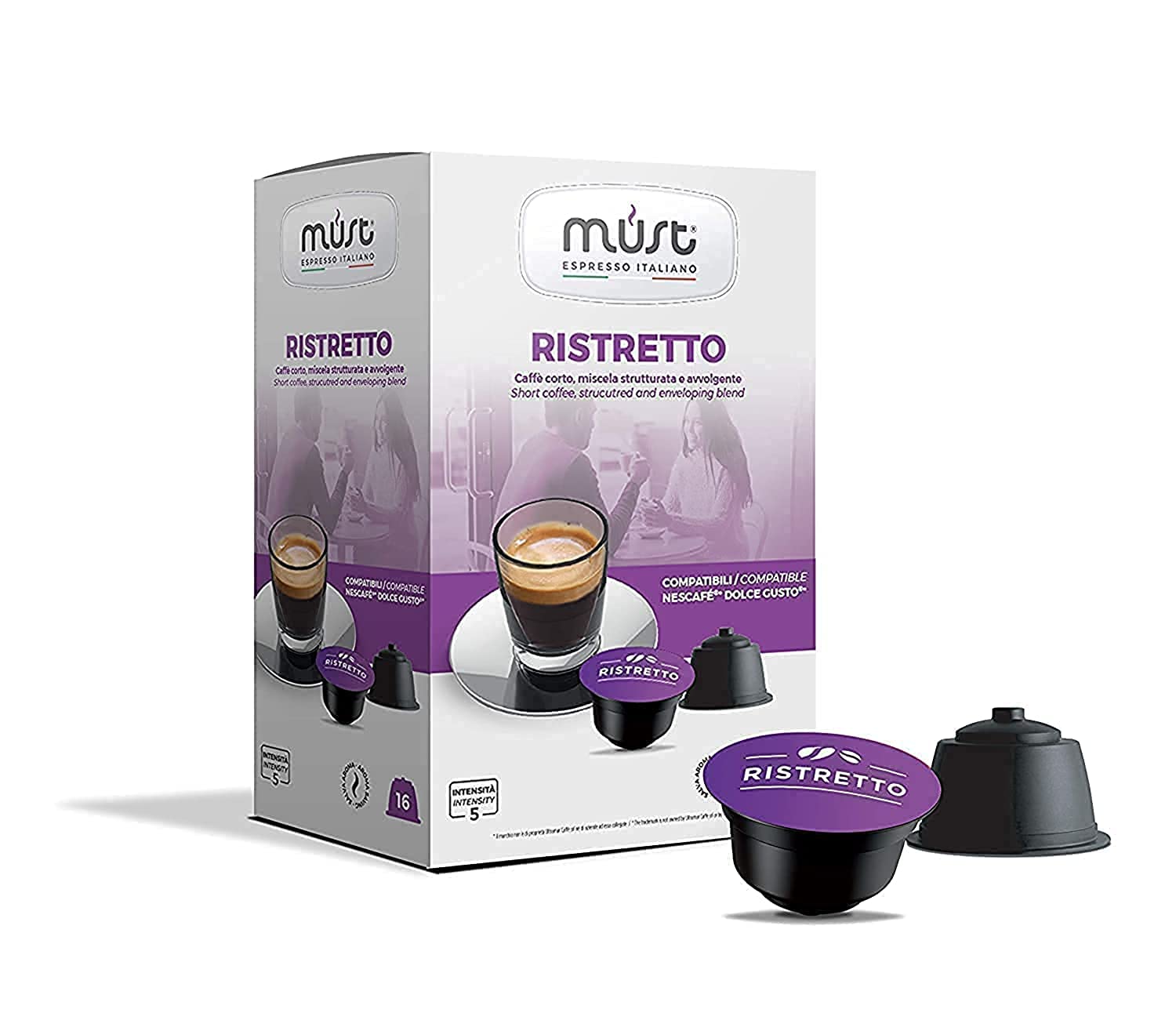 MUST 96 Coffee Capsules Self Protected 100% Recyclable Plastic, Ristretto Blend, Intensity 7/8, 6 Packs of 16 Capsules Compatible with Dolce Gusto Machine, Made in Italy