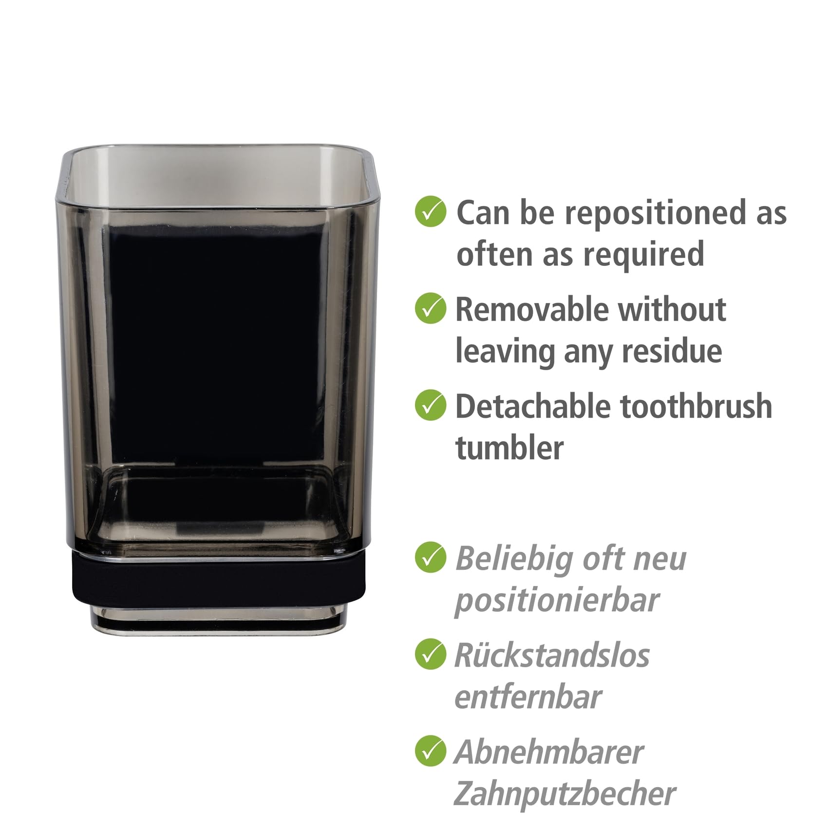Porte-brosse à Dents Sans Perçage WENKO – Support Mural Vacuum-Loc Quadro Noir Inox Et Plastique Transparent | Design Carré élégant Pour Salle De Bain