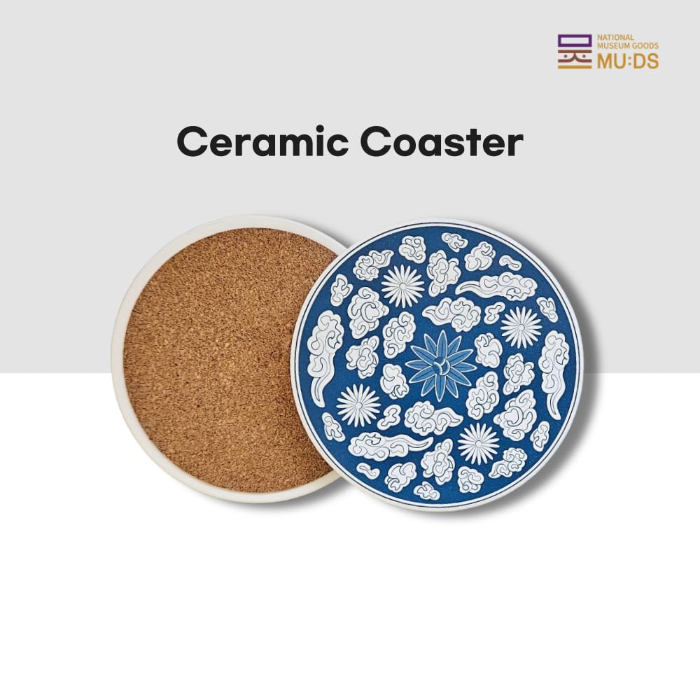 MU:DS Lot de 4 sous-verres coréens en céramique – Absorbants, antidérapants, motif vigne bleue et nuage inspiré de la poterie traditionnelle coréenne (bleu et blanc)
