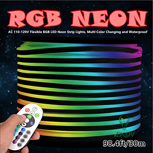 Led Neon Light, Iekov™ Ac 110-120V Flexible Rgb Led Neon Light Strip, 60 Leds/M, Waterproof, Multi Color Changing 5050 Smd Led Rope Light + Remote Controller For Home Decoration (98.4Ft/30M) #TOP1
