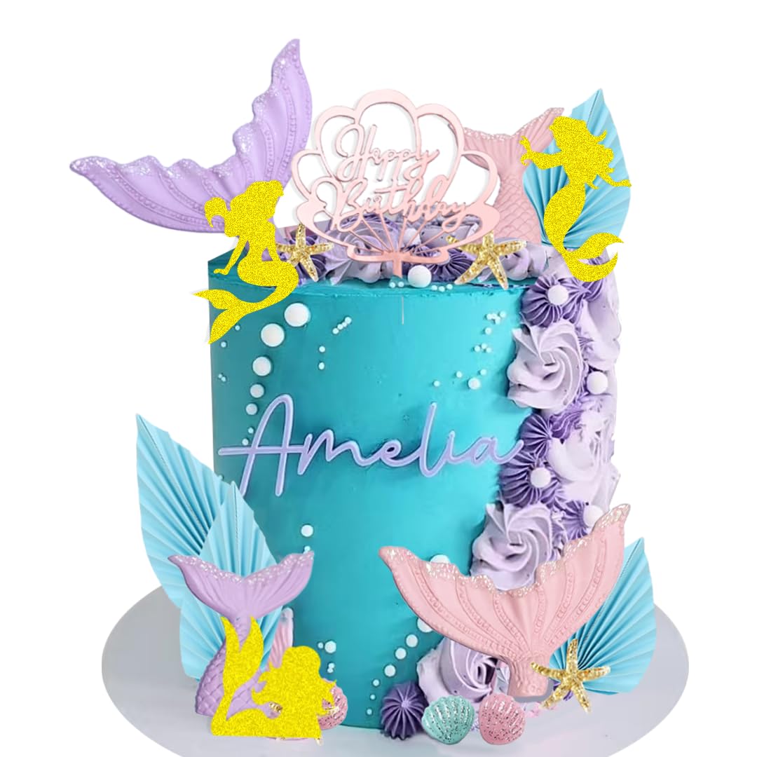 Mermaid Cake Topper Seashell Happy Birthday Cake Sign with Little Mermaids for Mermaids Under The Sea Theme
