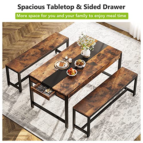 Tribesigns-63-Inch-Large-Dining-Table-Set-for-4-to-6-Kitchen-Breakfast-Table-with-2-Benches-Sided-Drawer-3-Piece-Modern-Industrial-Bar-Table-Furniture-for-Dining-Room-Rustic-Brown-Black