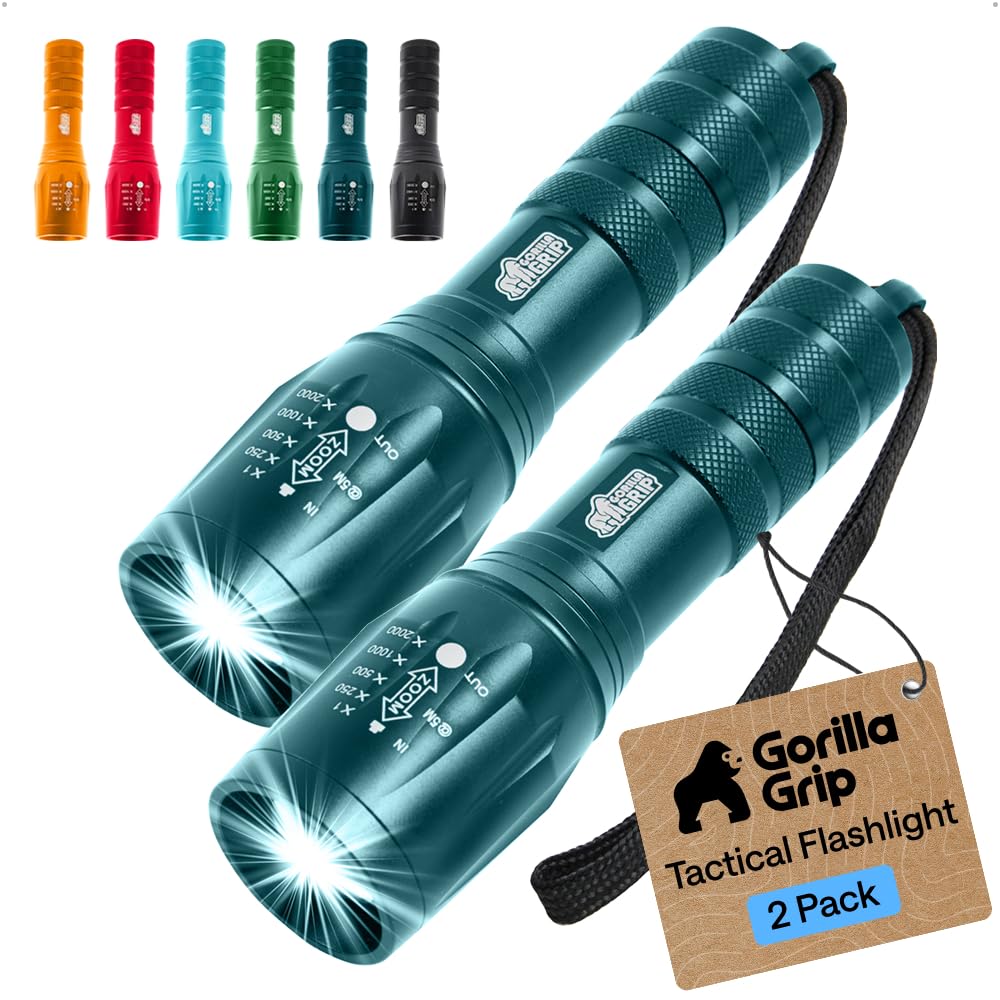 GORILLA GRIP Powerful LED Tactical Flashlight, 2 Pack, Blue