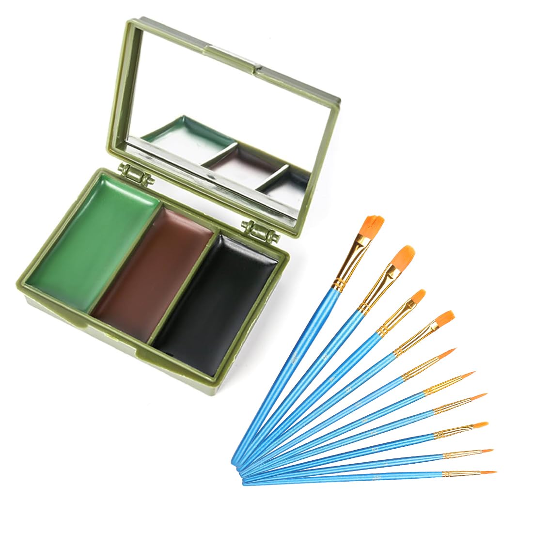 CFEWV 1 Set Pintura Para Camuflaje Facial, Pinturas Pintura Militar Para Mimetización Con Espejo Incorporado, Incluye 10 Pinceles De Maquillaje, Para Caza En La Naturaleza, Marrón Verde Negro(A) — view 7