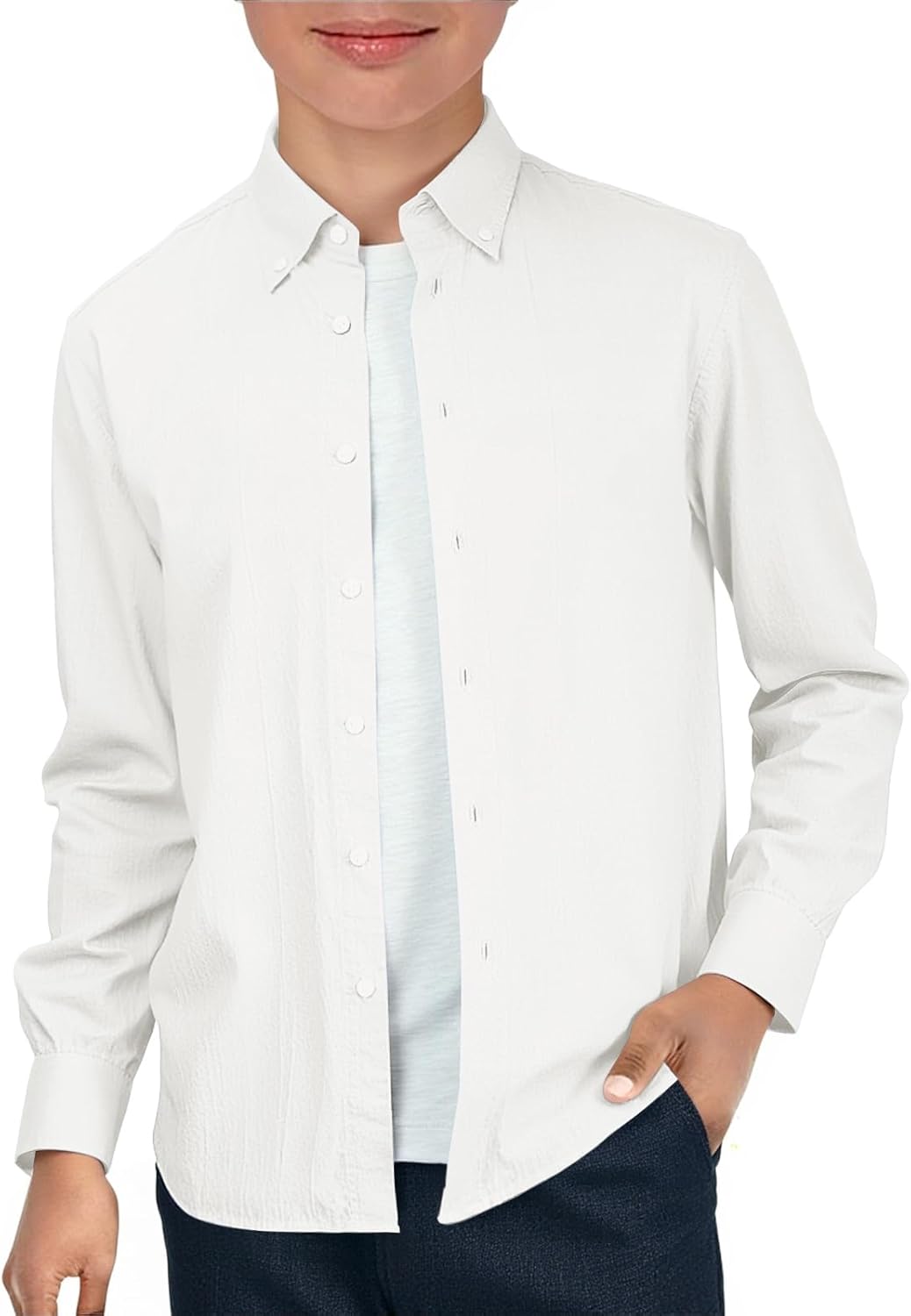 Haloumoning Boys Long Sleeve Button Down Shirt Kids Cotton Texture Dress Shirts School Uniform Shirt 5-14 Years