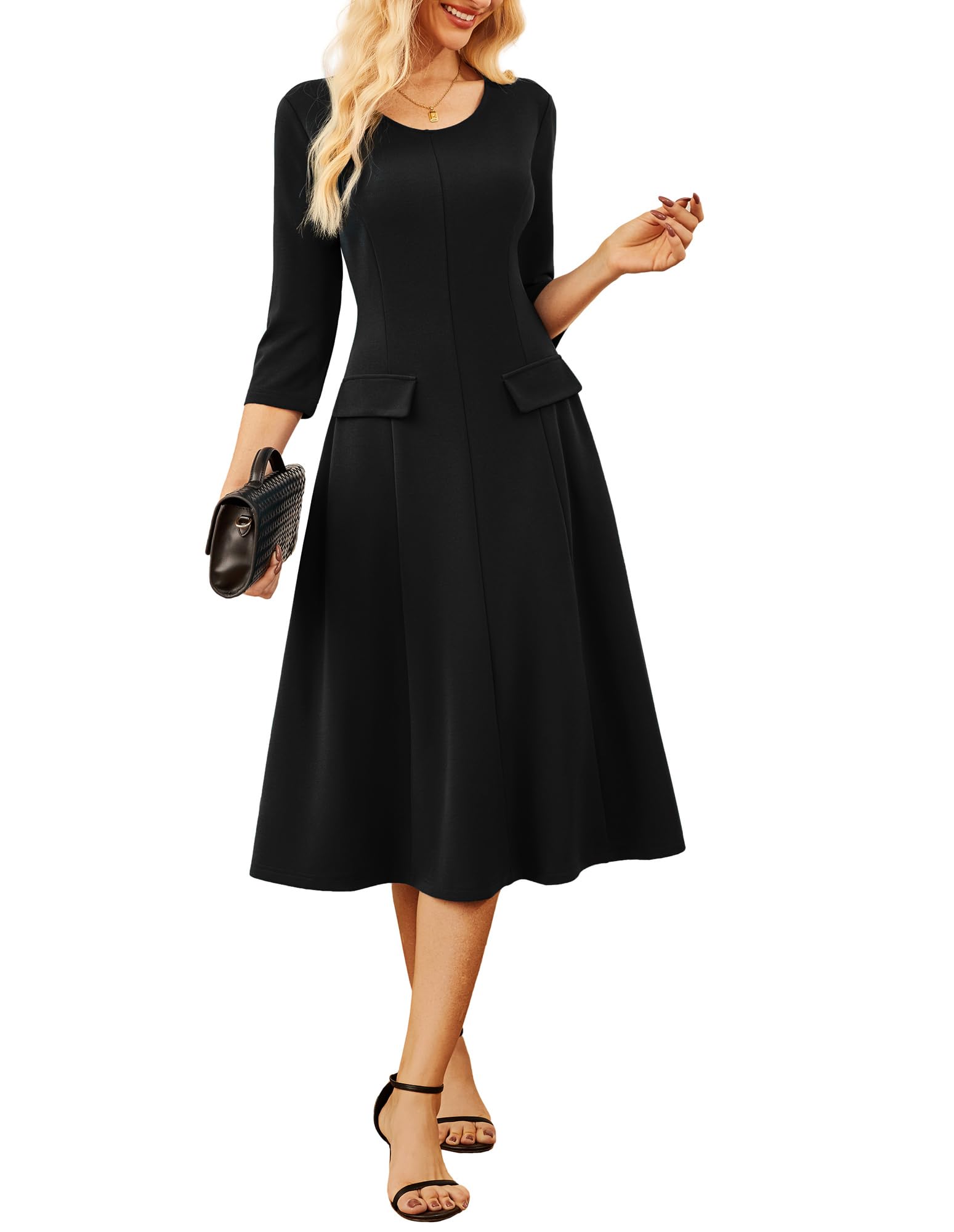 GRACE KARIN 2025 Wear to Work Dress for Women A Line Midi Fit 3 4 Sleeve Church Round