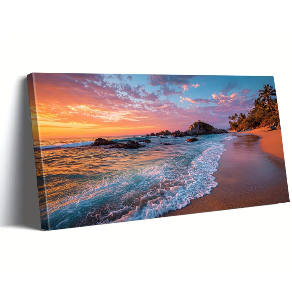AEFOUU Beach Sunset Wall Art Prints Palm Trees Depicted in a Colorful Canvas Poster Painting Pictures Modern Wall Art for Bathroom(65x130cm/26x52in/Internal Frame)