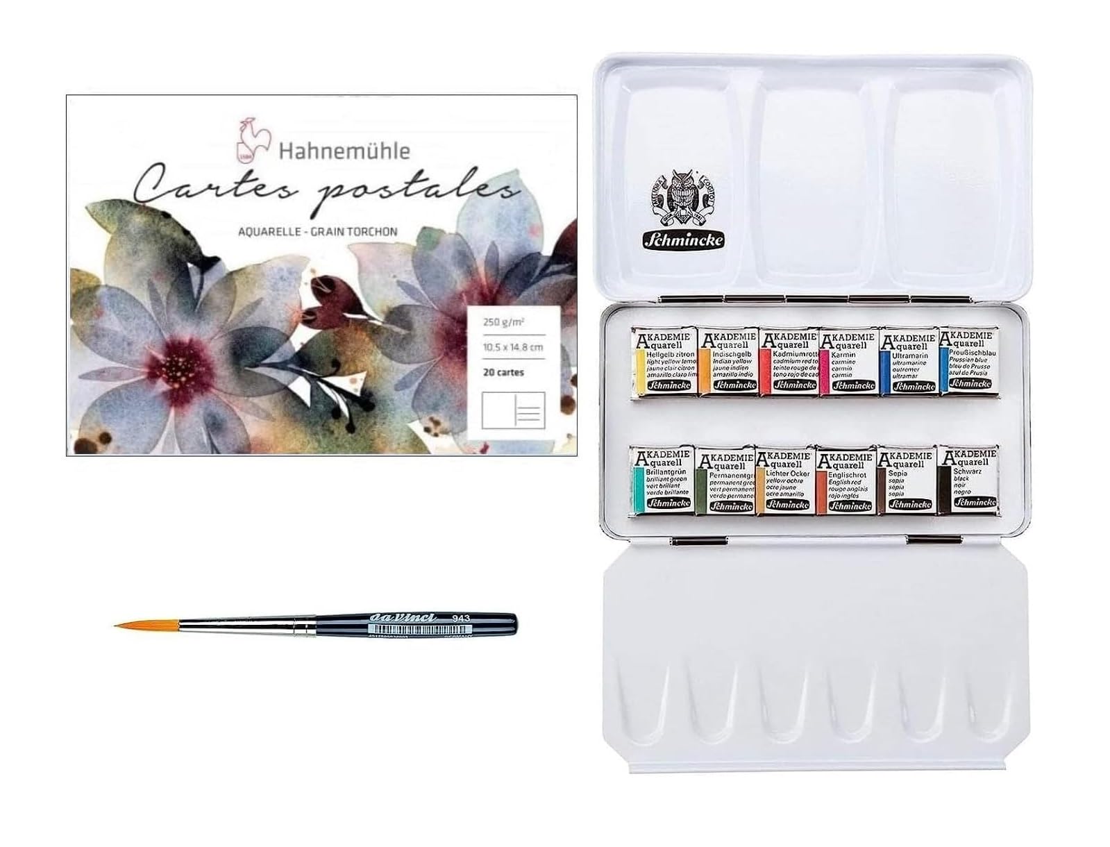Schmincke Academy Aquarellfarbkasten, Metallkasten, 12 x 1/2 Näpfchen + Hahnemühle Aquarell-Postkartenblock 10,5 x 14,8 cm mit Da Vinci Mini-Pinsel