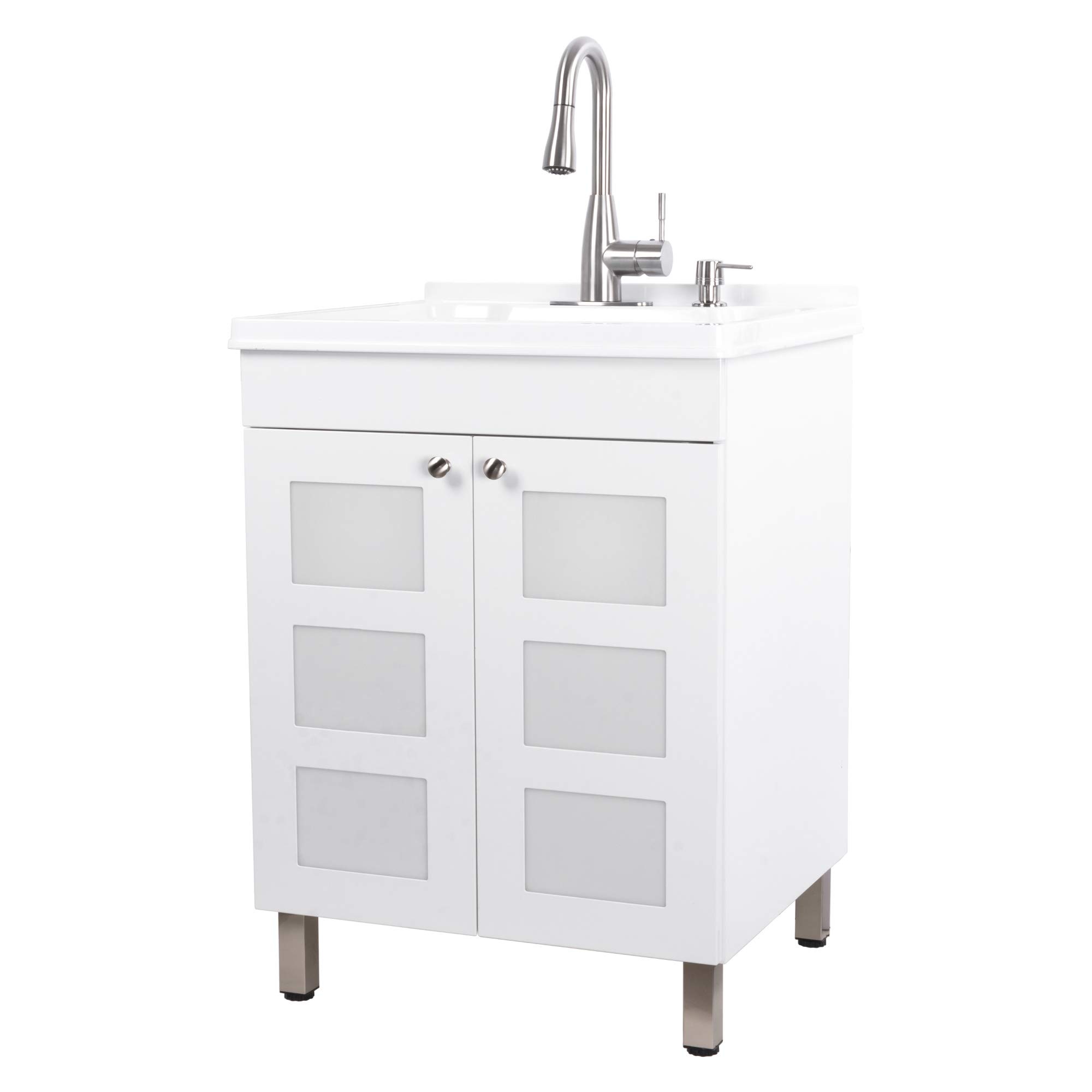 Utility Sink Laundry Tub With In White, High Arc Stainless Steel Faucet, Storage Vanity