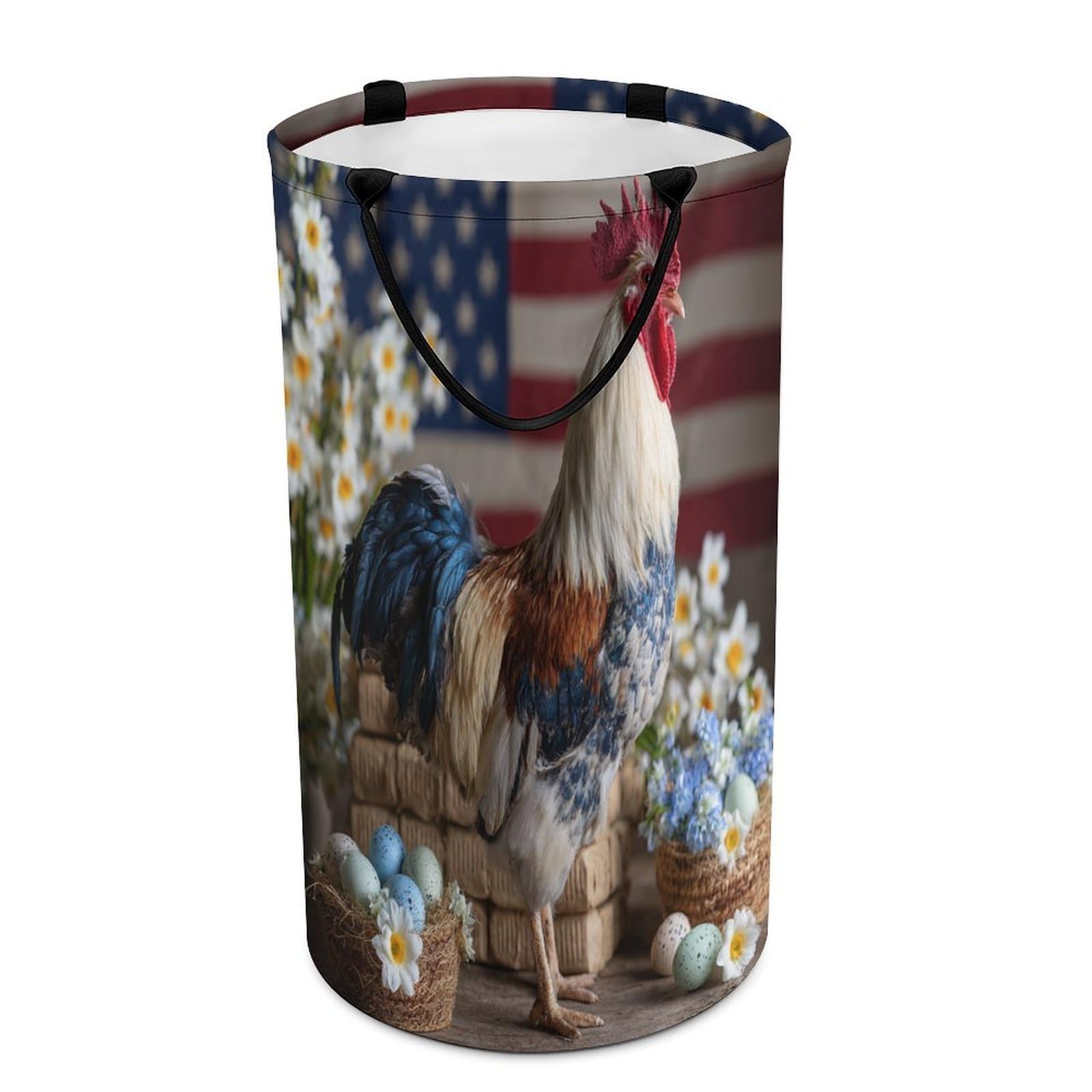 LUYYSKY Vintage Classic Animal Chicken Versatile Storage Laundry Basket, Beautiful Patriotic American Flag Daisies Flowers Animal Rooster Large Capacity Bathroom Hamper With Handle