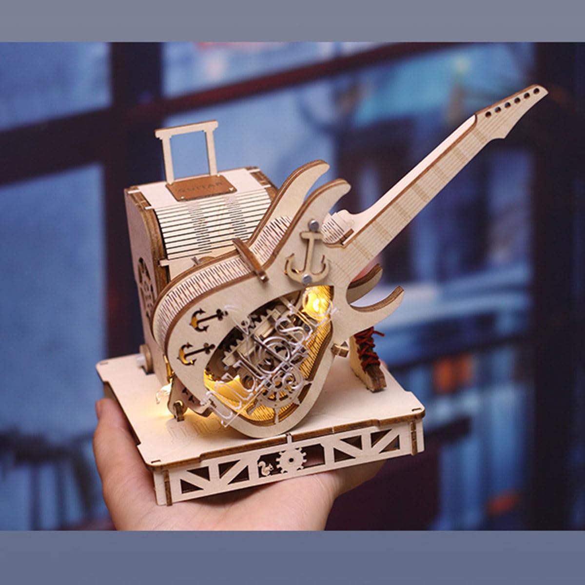 Kit di costruzione in legno 3D, carillon per chitarra, trasmissione meccanica, modello in legno per adulti, da costruire, decorazione per la casa, regalo di compleanno di Natale (150 pezzi)