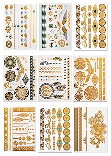 CLOTHOBEAUTY Metallic Temporary Body Tattoos - 9 sheets, Shimmer Designs in Gold, Silver, Turquoise, Black, 100+ designs
