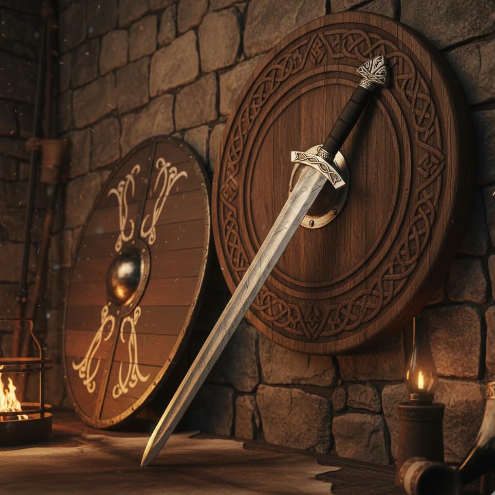 Damascus Steel Viking Sword with Leather Scabbard – Norse Northman Medieval Battle Sword | Handmade LARP & Cosplay Long Sword, Perfect Viking Decor & Gift for Men - Image 4