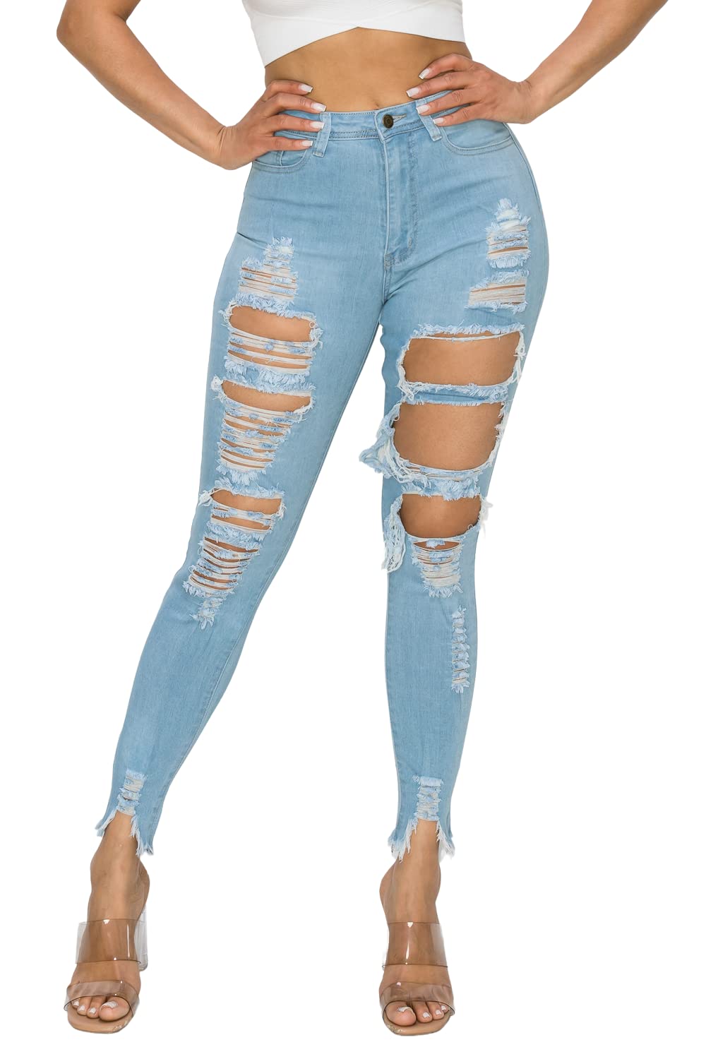 High Waisted-Rise Colored Stretch Skinny Destroyed Ripped Distressed Jeans for Women Olive Mustard RED