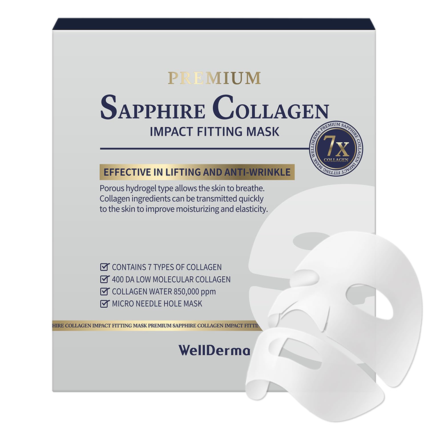 WELLDERMA Sapphire Collagen Impact Fitting Mask, Hydrating Hydrogel Face Mask for Dry Skin, With Niacinamide and Marine Collagen, 4pcs x 4ea (Total 16 Sheets)