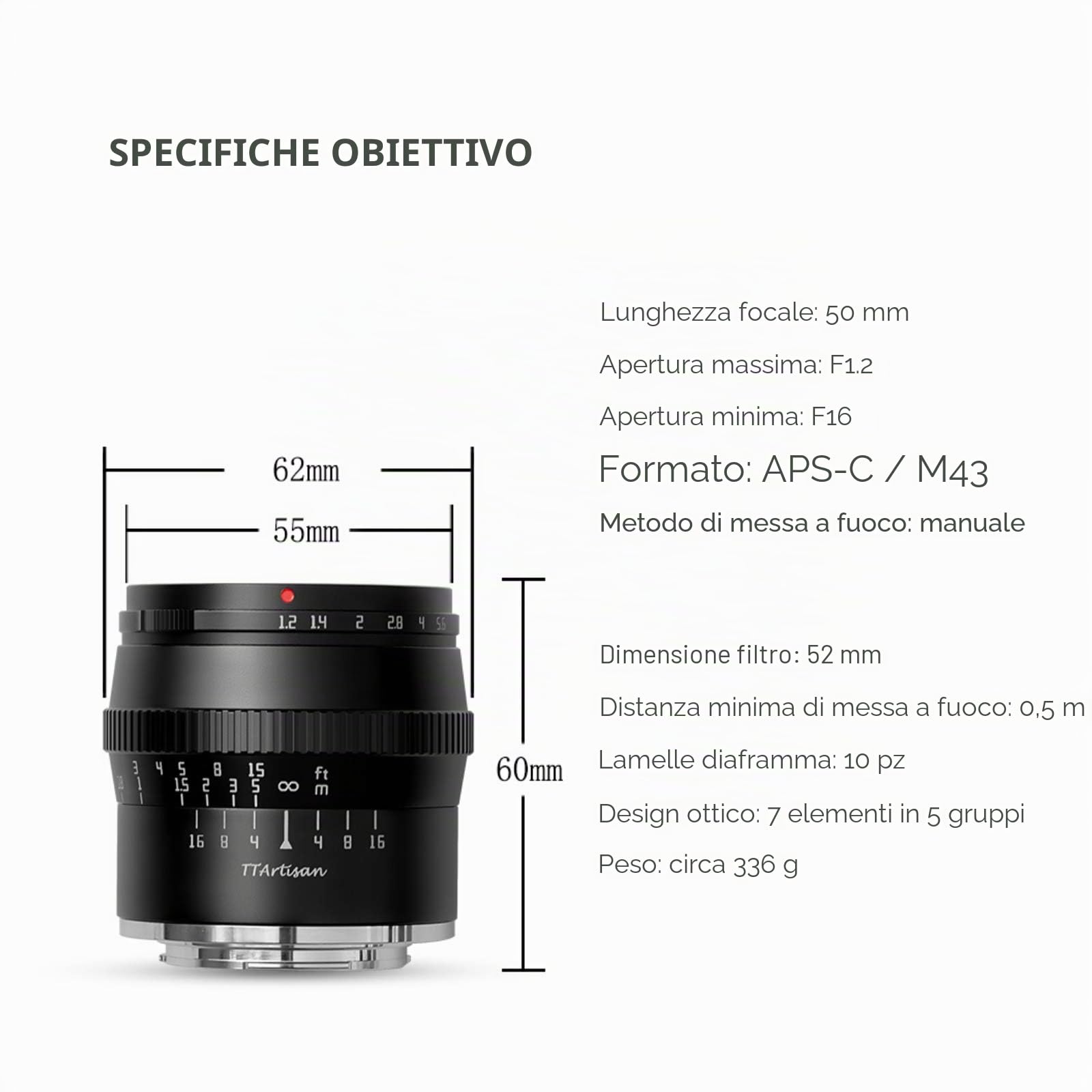 TTArtisan 50mm F1.2 Obiettivo Fotocamere APS-C Obiettivo MF Per Fotocamere FX Mount X-A1 X-A10 X-M1 X-M2 X-H1 X-T1 X-T10 X-T2 X-T20 X-T3 X-T4 X -T100 X-T200 X-T30 X-PR01 XS10 e altro. (Nero)