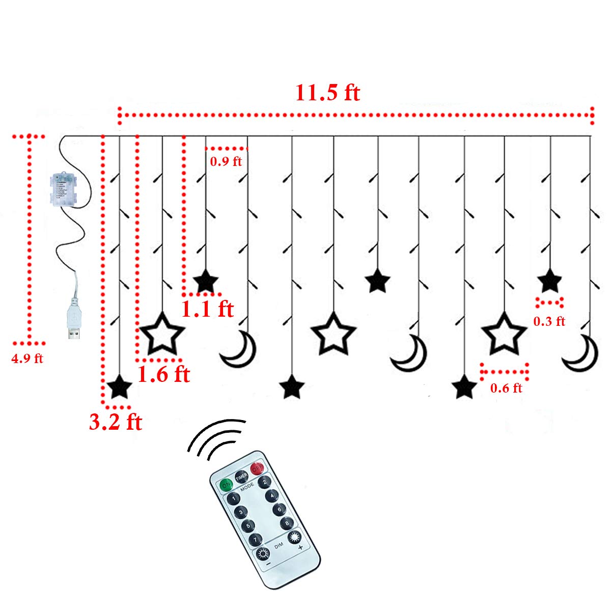 ALFEUND 138 Led Curtain String Light Star Moon Icicle Light with 8 Lighting Modes with Timer Remote USB Operated Dimmable Fairy String for Window Wall Home Decoration