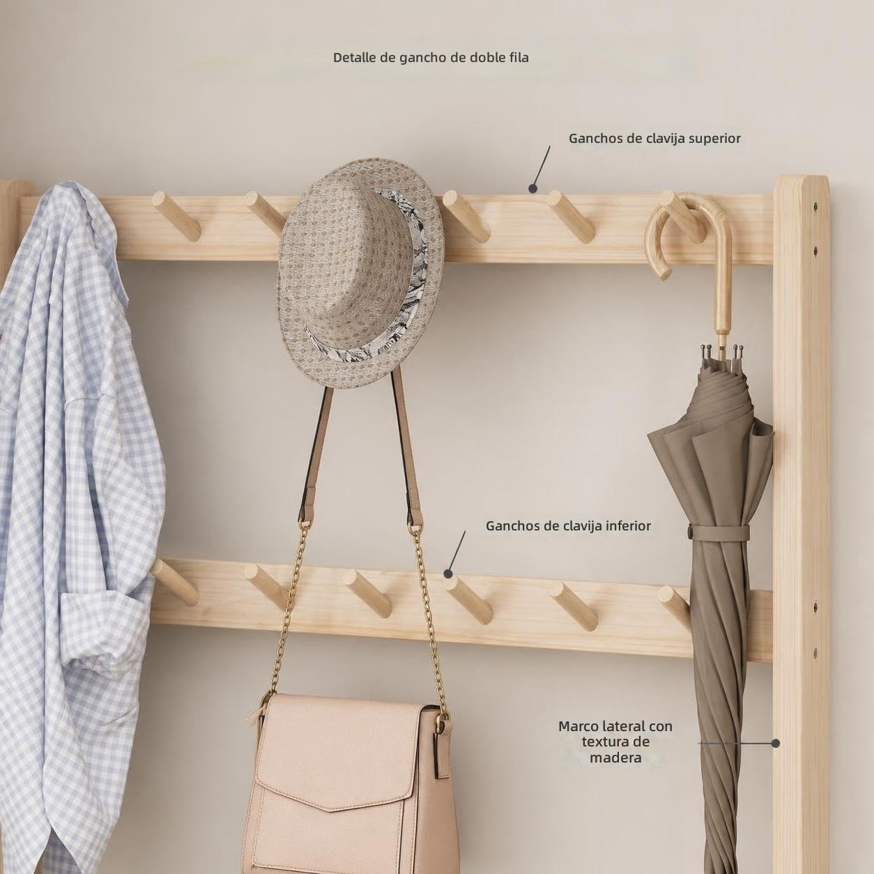 Árbol de recibidor de Madera Maciza, Perchero Independiente 2 en 1 con Banco y Zapatero, Ideal para Abrigos y Sombreros, Organizador de Entrada