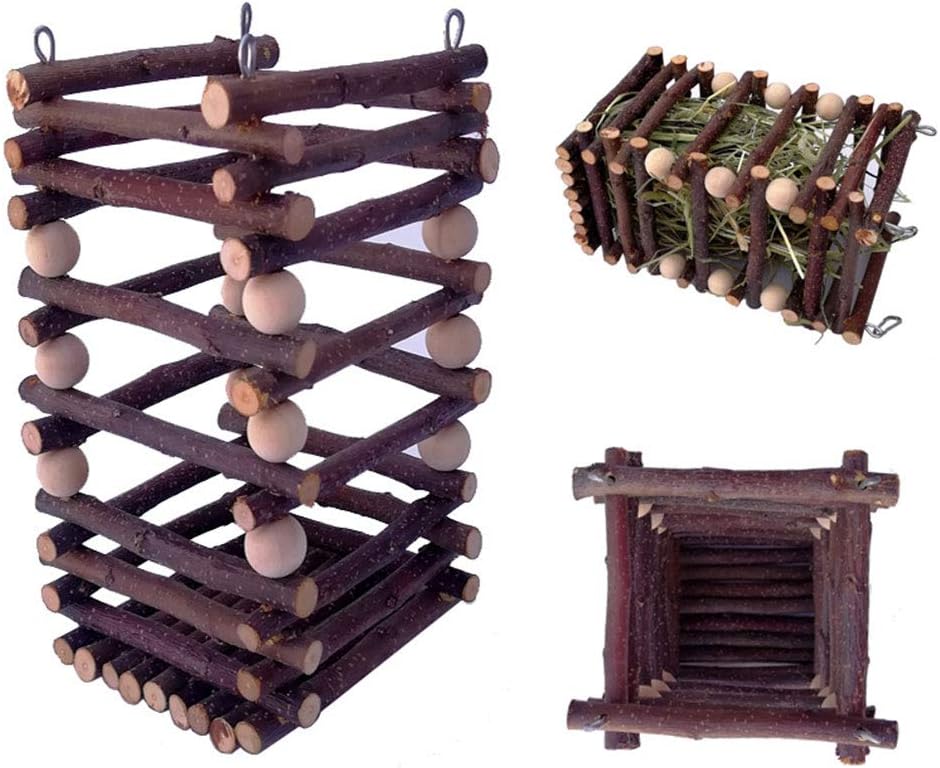 Chewable Apple Tree Rabbit Hay Feeder, Stand Bunny Hay Rack, Hanging Guinea Pig Hay Holder Wooden Food Feeding Rack