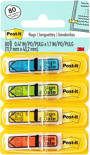 Post-it Banderas de mensaje, letrero y fecha, 30/dispensador, 4 dispensadores/paquete, 47 pulgadas de ancho, colores surtidos (684-SD)