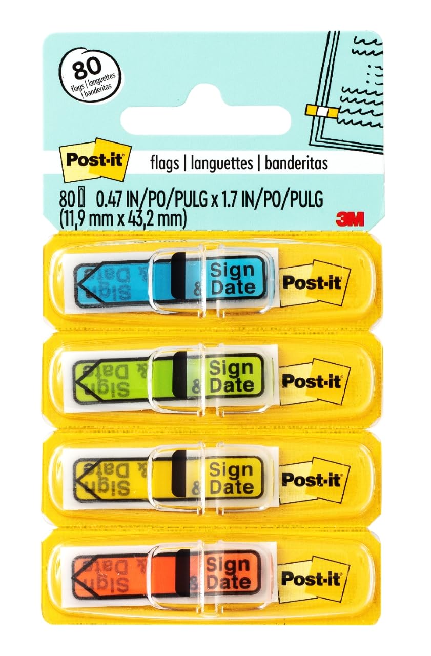 Post-it Message Flags, "Sign and Date", Assorted Colors, 1/2-Inch Wide, 30/Dispenser, 4 Dispensers/Pack (684-SD)