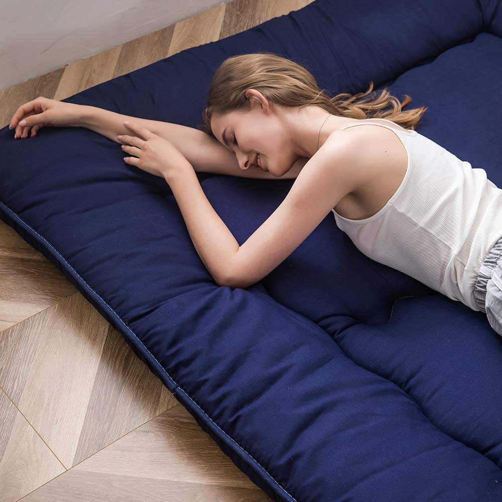 Materasso futon, materasso da pavimento giapponese imbottito, trapuntato, extra spesso, pieghevole, traspirante, letto per gli ospiti, letto da campeggio (blu navy, matrimoniale)
