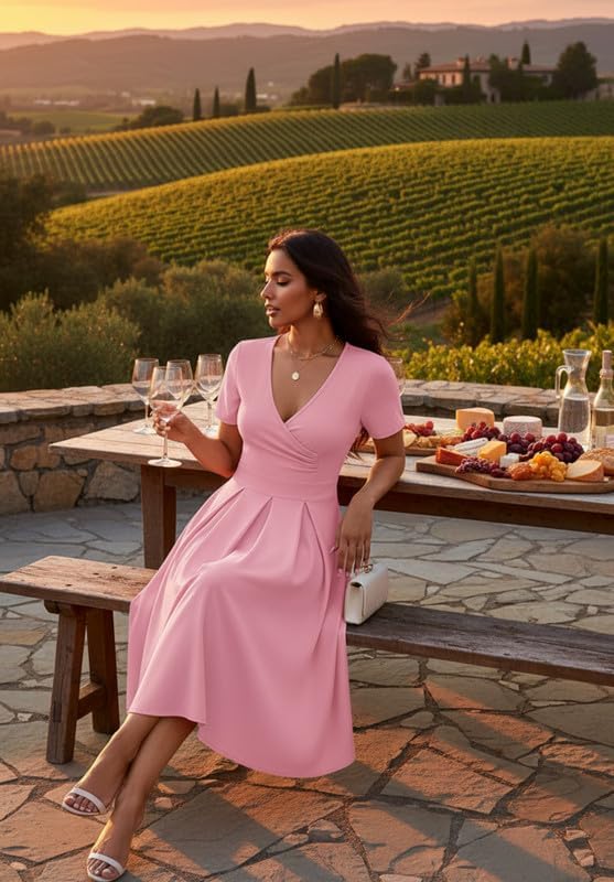 Women's Casual Wrap Dress Wedding Guest Dresses with Pockets Short Sleeve A-Line Swing V-Neck Pleated Dresses - Image 4