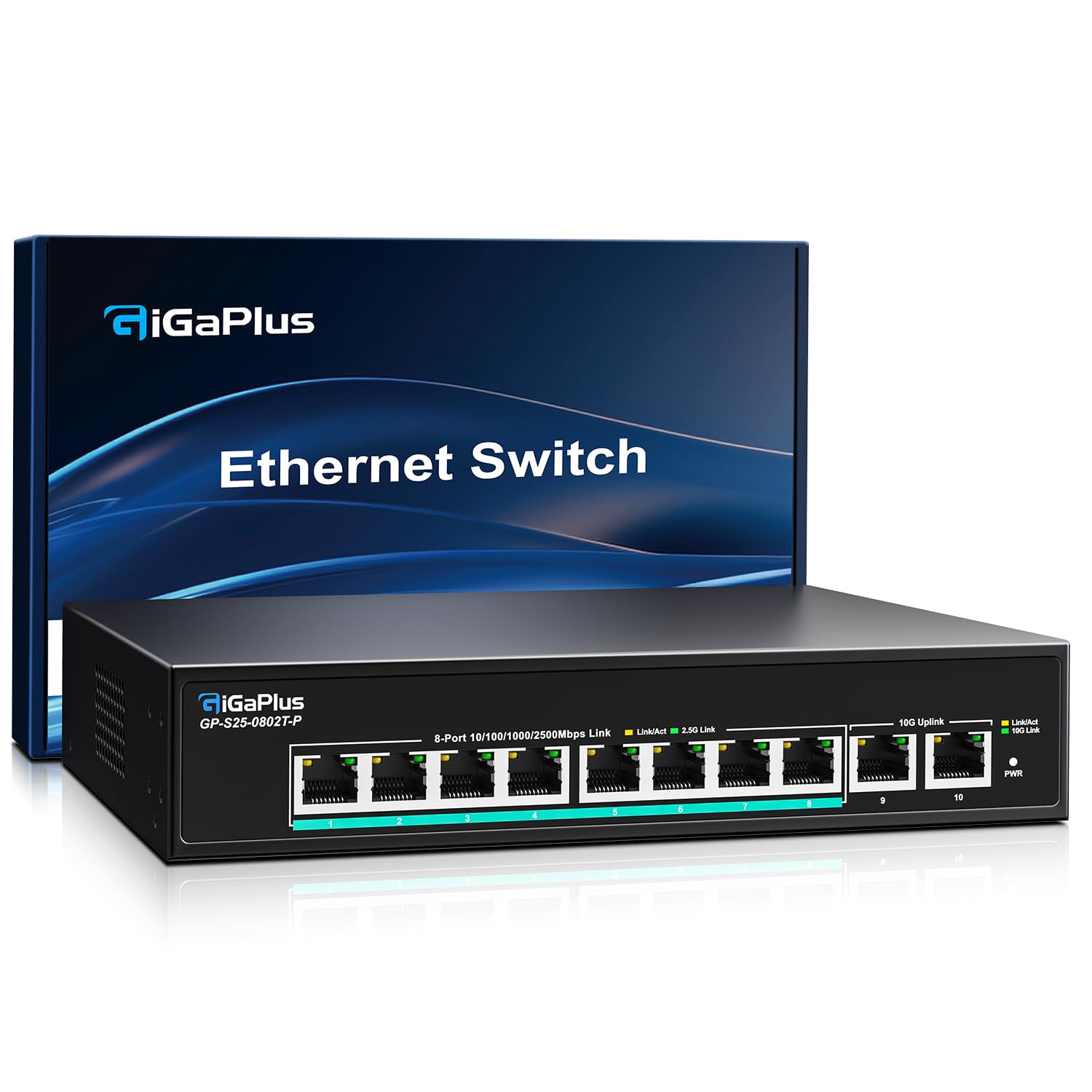 10-Port 10Gb Unmanaged PoE Ethernet Switch with 8*2.5G Base-T PoE Ports, 2*10G RJ45 Ports. 80Gbps Switching Capacity, GiGaPlus 10Gbps Network Switch for 2.5G/10Gbps NAS/PC, WiFi6 Router, Wireless AP