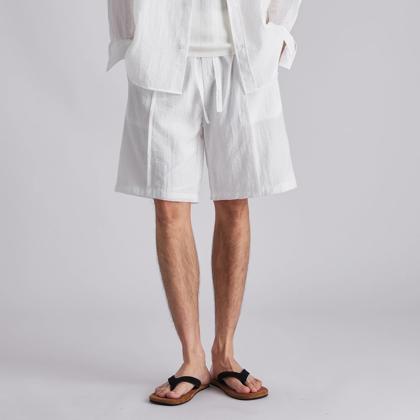 Men's Summer Cooling Long Sleeve Shirt Set Loose Commuter Shorts 2-Piece Outfit