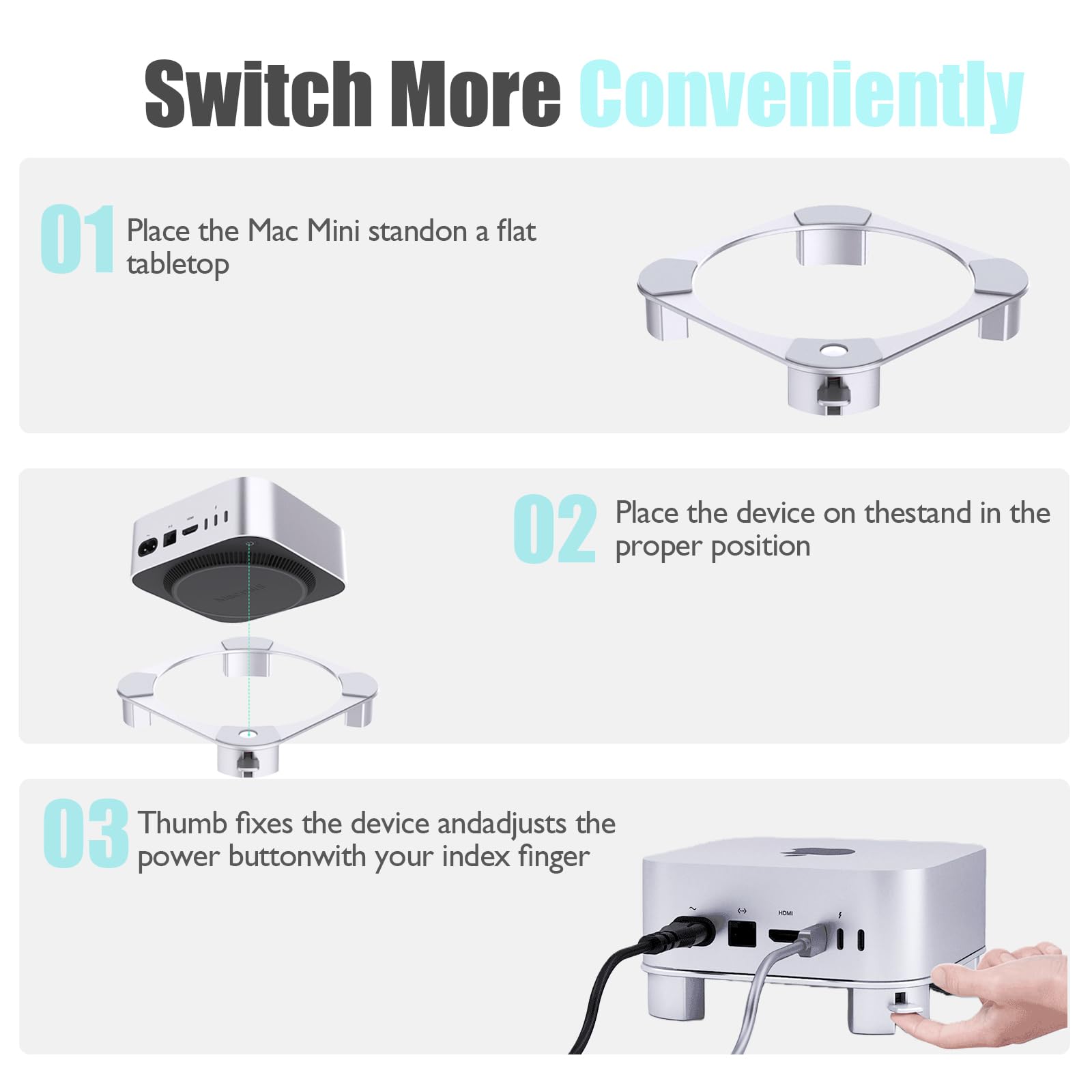 Supporto in alluminio per Mac mini M4/M4 Pro, con pulsante di accensione facile da raggiungere, ventilazione migliorata e dissipazione del calore, design antiscivolo stabile per un lavoro sicuro ed