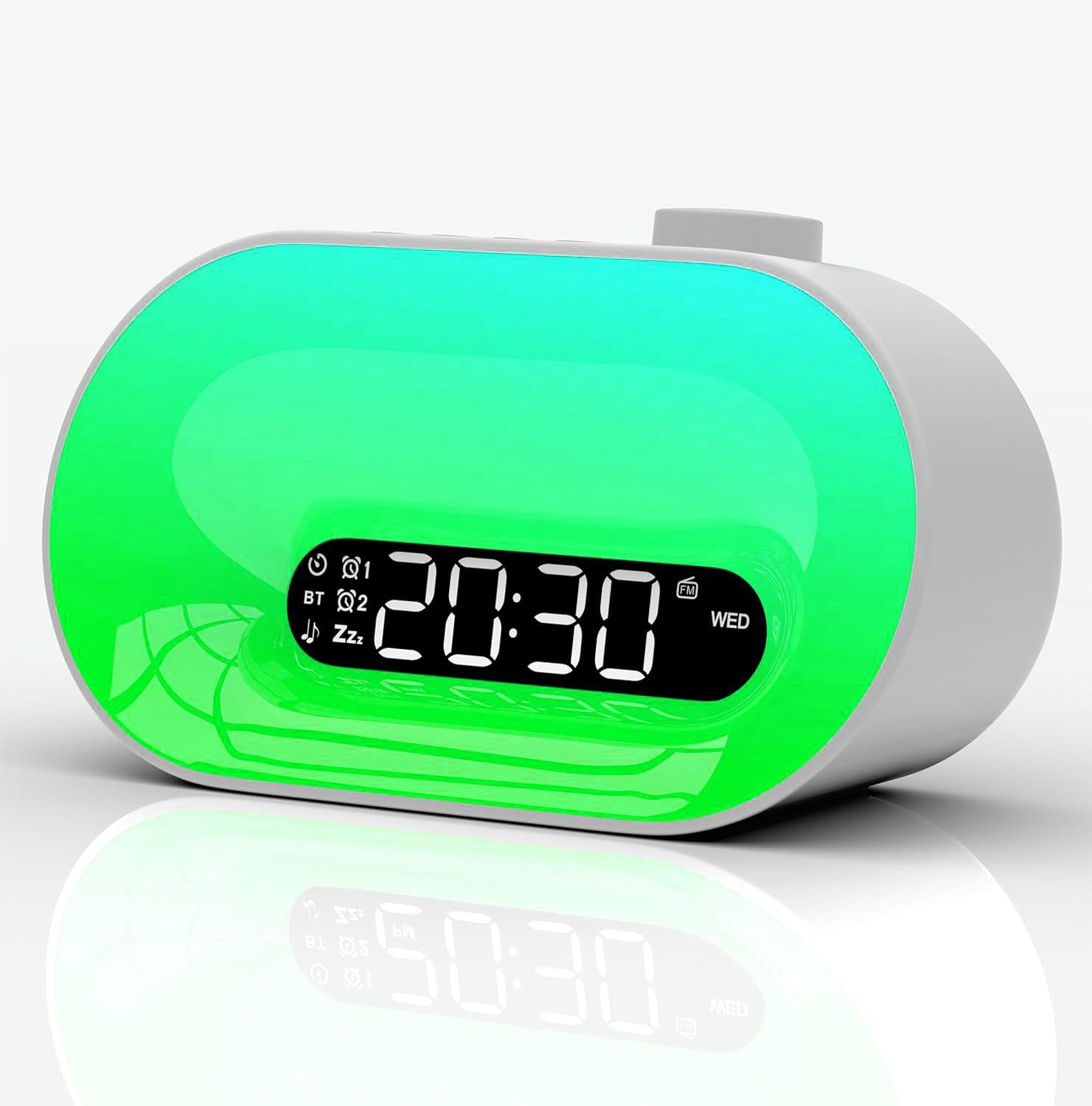 Lampe de Réveil Bluetooth avec Radio FM, 2 Alarmes, 16 Couleurs, Snooze, 8 Sonneries