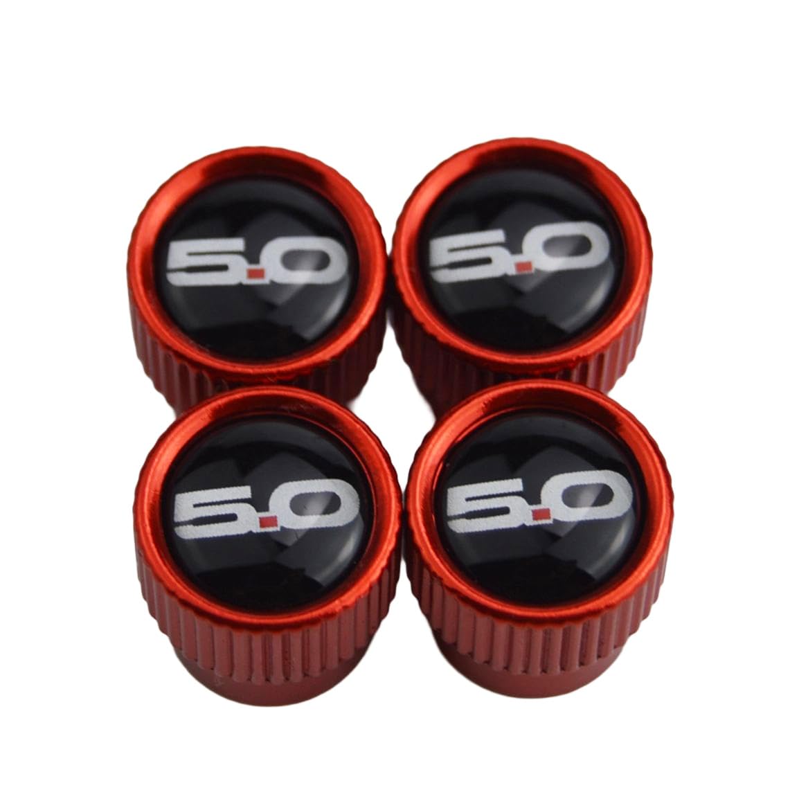 Set of 4 Metal 5.0 Tire Valve Stem Caps with Resin Emblem 5.0 for Ford Mustang GT and F150 for Cars, Trucks, Motorcycles, SUVs, RVs and Bicycles