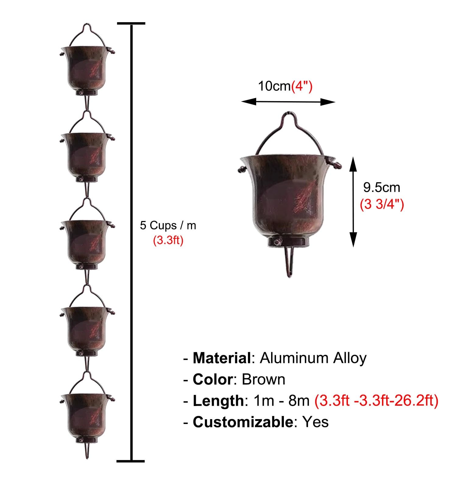 Chaîne de Pluie avec coupelles en Alliage d'aluminium antirouille pour Une (Brown-2.6m (8.5ft))