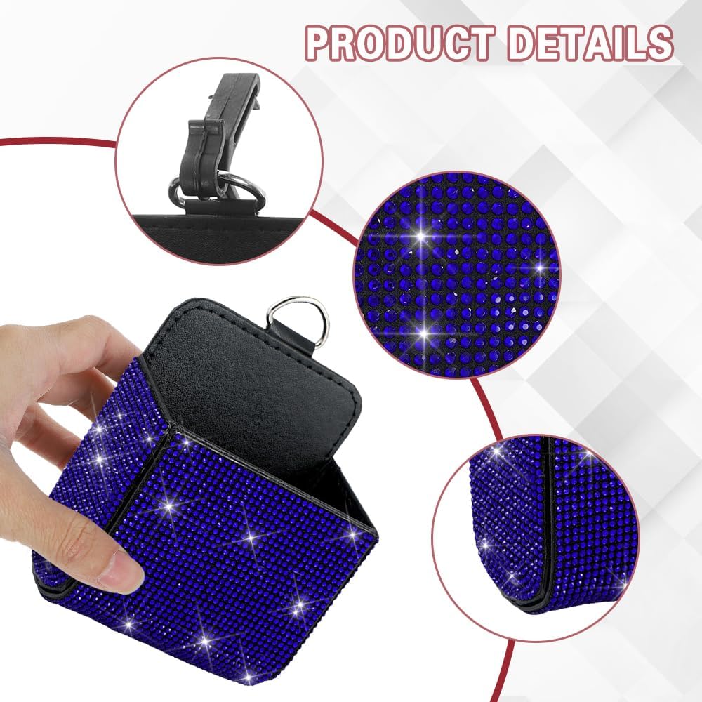 Car Vent Storage Organizer, Coin Holder for Car, Rhinestone Auto Vent Leather Pocket, Universal Car Accessories Bling Automotive Pouch Box with Hook Fit for Sunglasses, Key, Coin (Royal Blue)