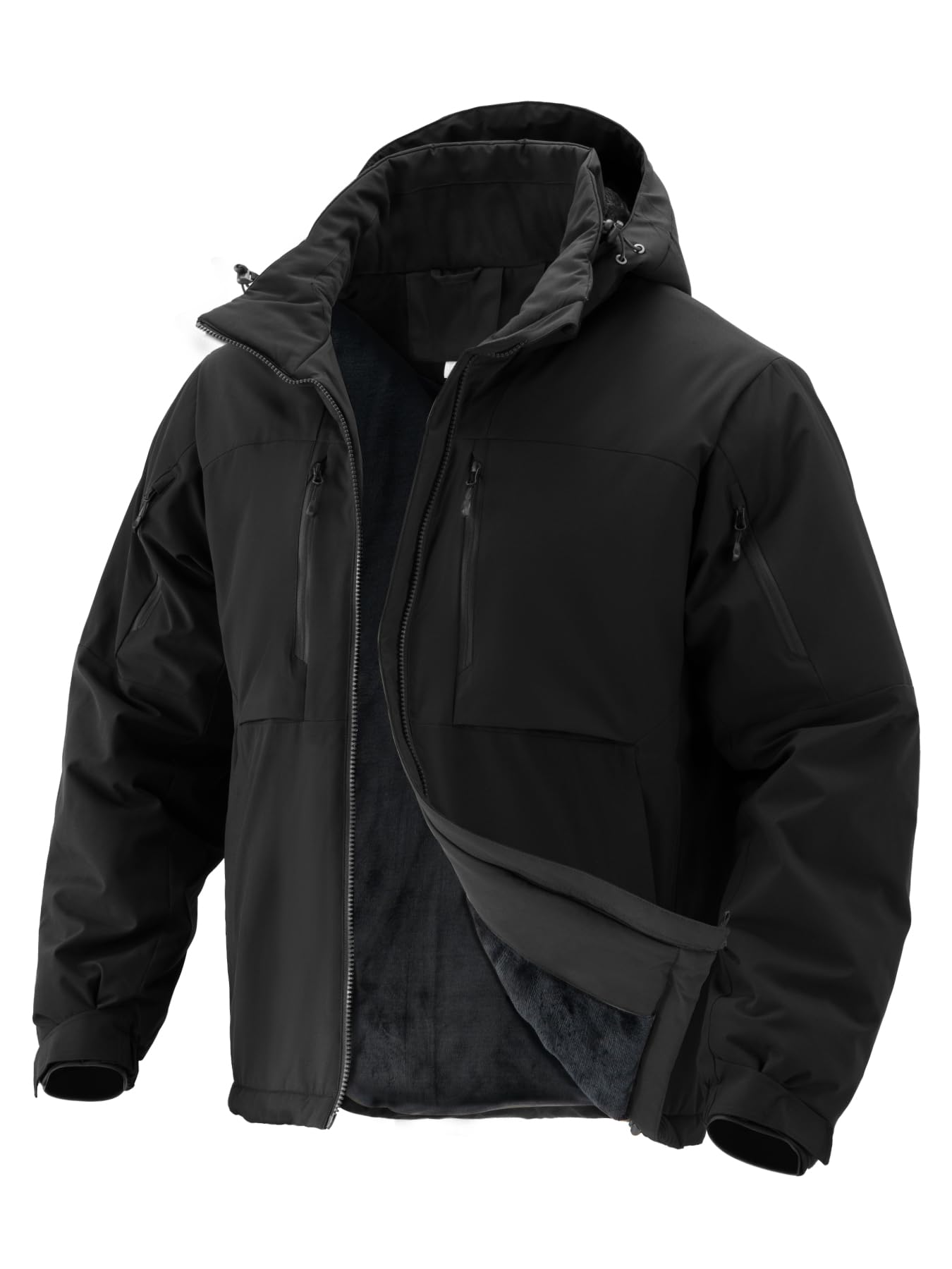 Mens Winter Insulated Coat Warm Water Resistant Skiing Parka Jacket Fleece Lined Detachable Hood 7 Pockets Work Coat