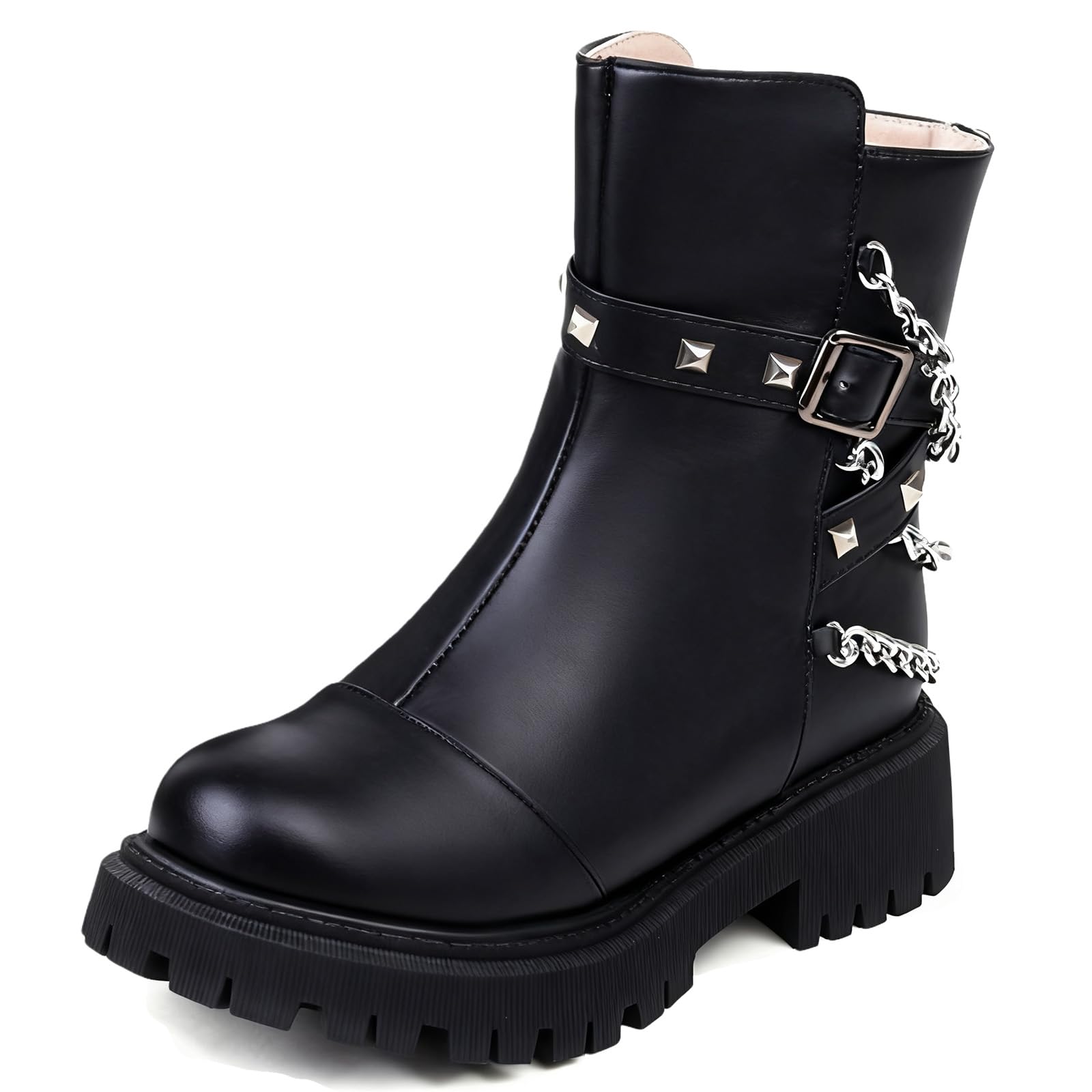 Womens Lug Sole Chain Goth Ankle Booties with Side Zipper Fashion Belt Buckle Chunky Heel Non Slip Motorcycle