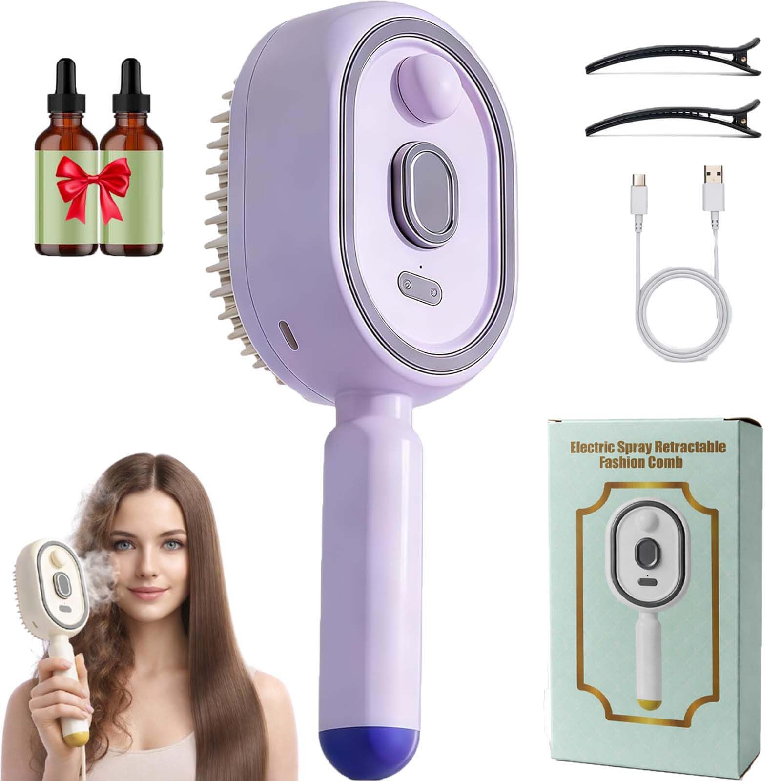 2026 Cepillo Alisador Con Vapor,Electric Spray Air Cushion Massage Comb,Electric Steam Brush For Hair,Rechargeable Detangling Steam Brush For Short Hair, Reduce Frizz, Nourishes Hairs (Purple)