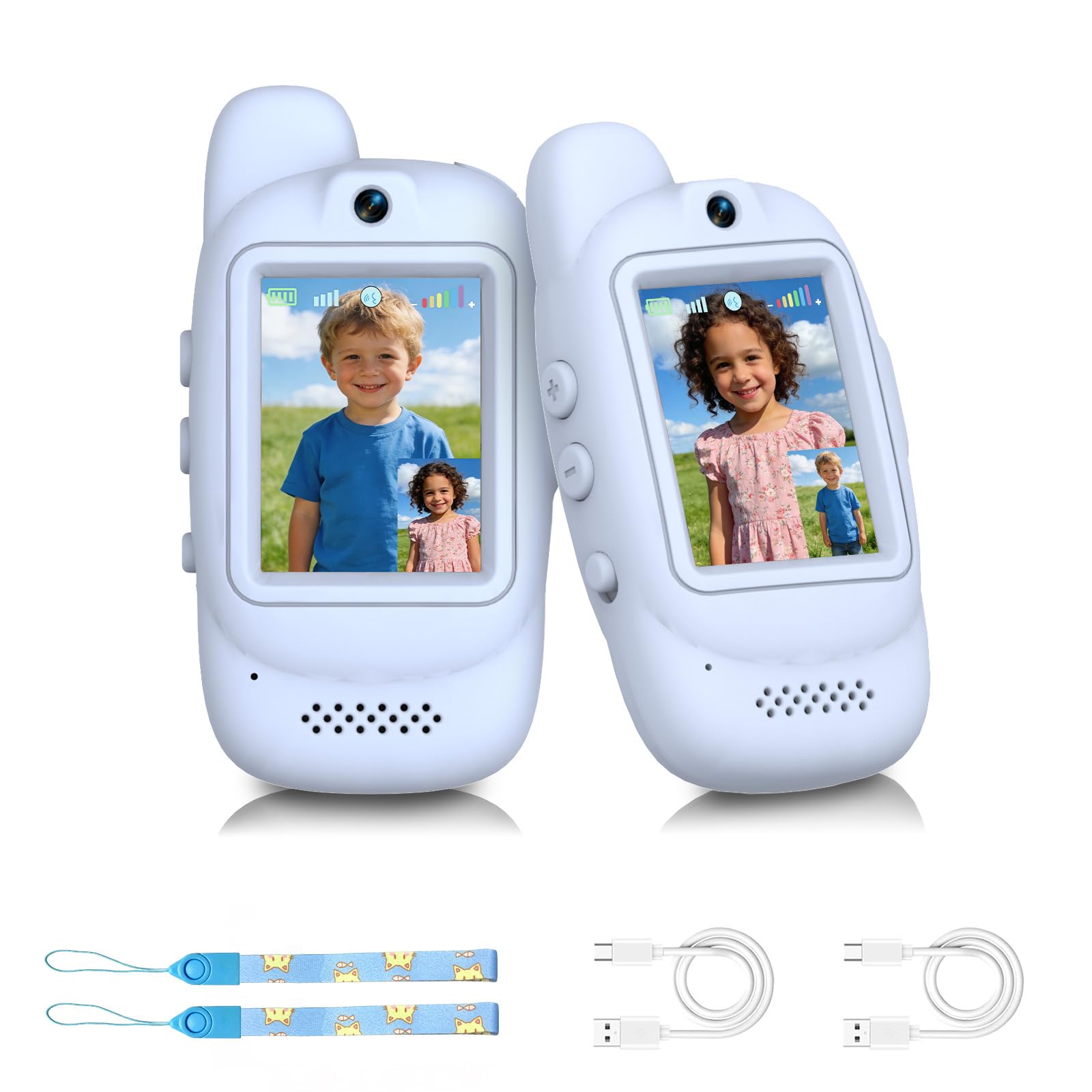 Video-Walkie-Talkies für Kinder, 2er-Pack wiederaufladbare Video-Walkie-Talkies für Jungen und Mädchen von 3–12 Jahren, 300 Meter Reichweite, 2,0-Zoll-IPS-Display und Stimmverzerrer