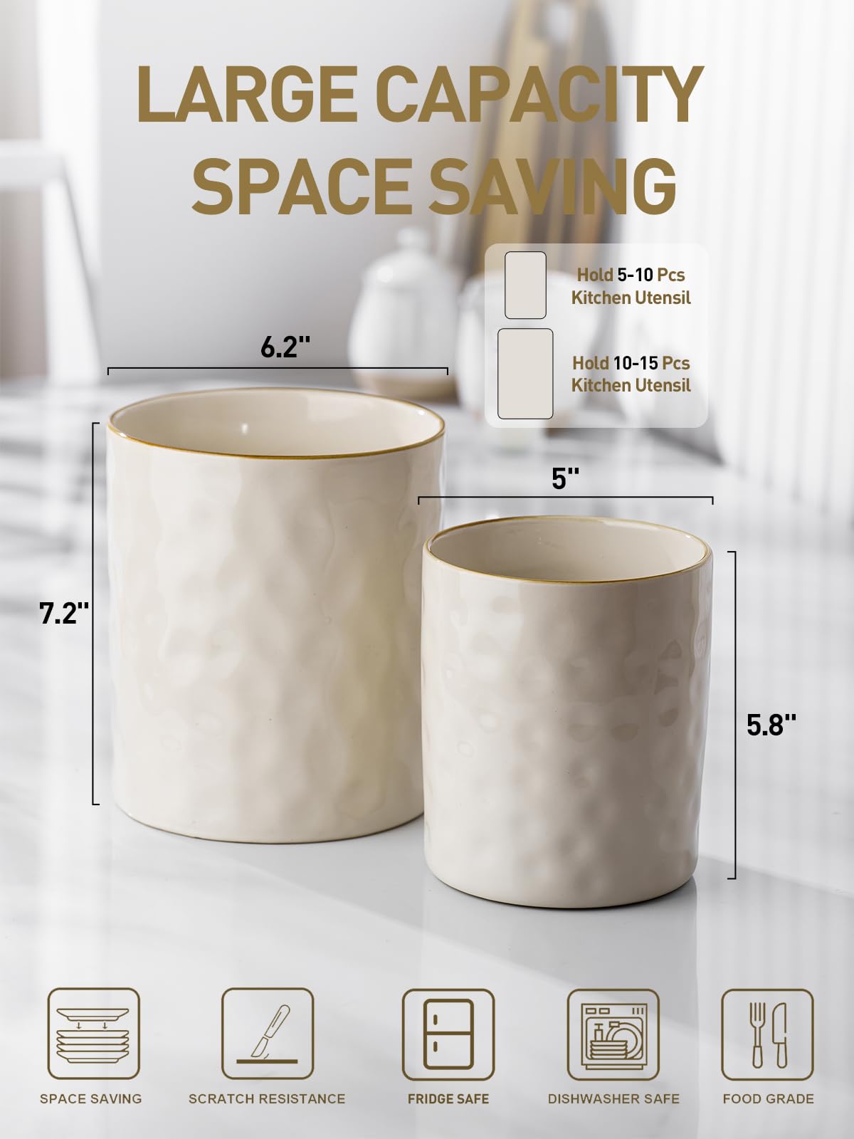 famiware Ocean Lot de 2 porte-ustensiles de cuisine en céramique pour comptoir, pots à ustensiles de cuisine, organisateur d'ustensiles pour spatule et cuillère, décoration de cuisine, blanc vanille