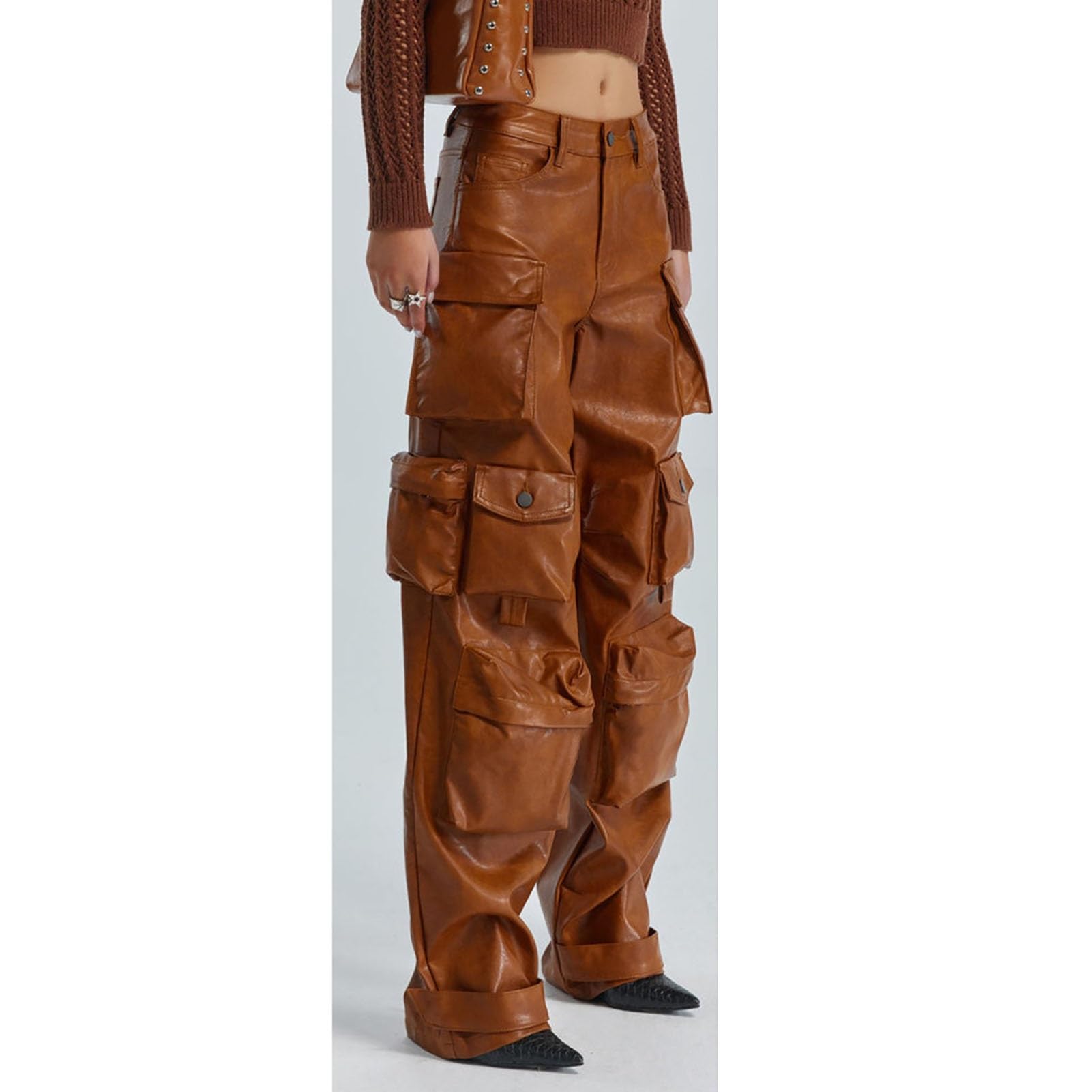 WEITING Frauen Faux PU Leder Hosen Einfarbig Hohe Taille Bein Hosen Mit Taschen Vintage Ästhetische Hosen Streetwear Lederhose