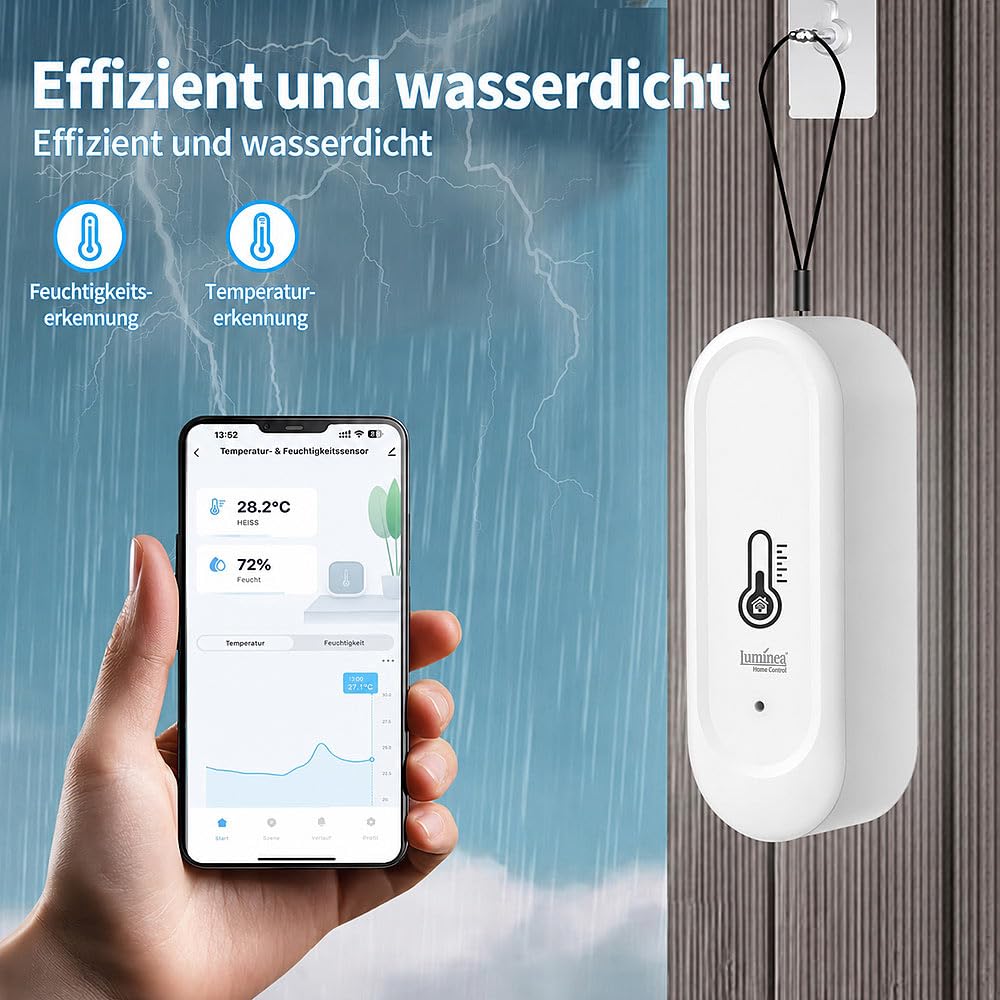 Luminea Home Control Temperatur Sensoren: 4er-Set WLAN-Außen- und Innen-Temperatur- und Luftfeuchtigkeitssensor (Thermometer Funk, Thermometer Hygrometer Funk, WC)