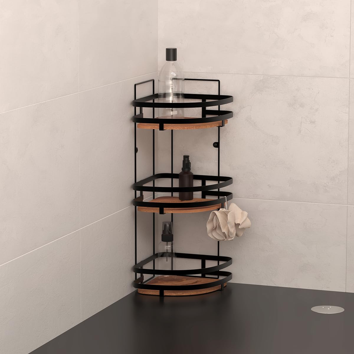 5five - mensola angolare per doccia blackacia, 3 livelli, legno d acacia
