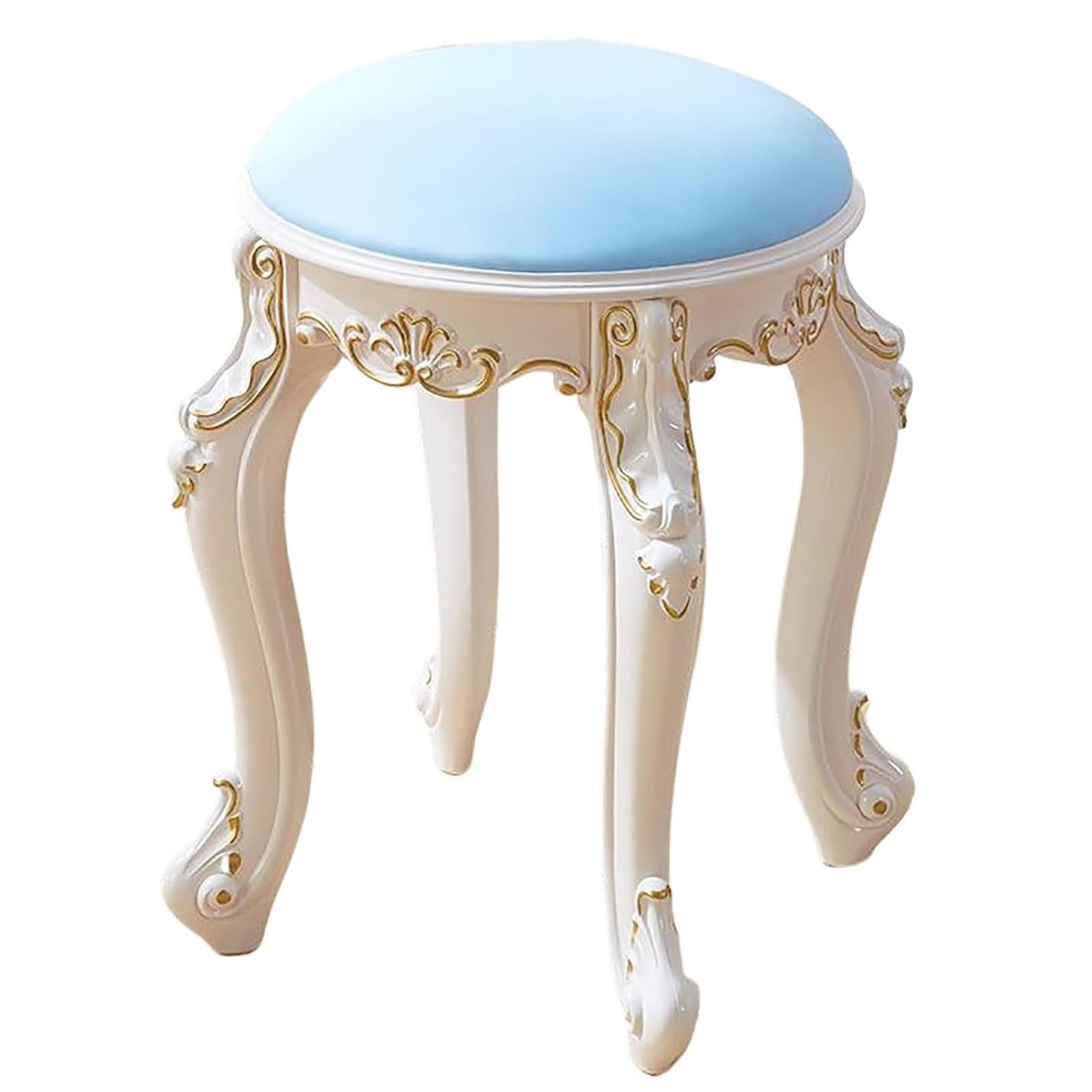 Tapicerowany taboret do toaletki w stylu vintage, okrągły, prostokątny fotel z rzeźbionymi nogami, ozdobny taboret do makijażu, pufa, ławka do toaletki, do sy,Blue Leather-Round
