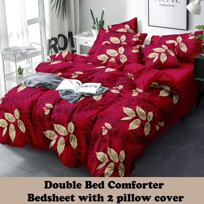 Image of Polycotton Printed 120 TC Comforter & Bedsheet Double Bed Bedding Set, Queen Size (90x100 inch), Red & Golden, 4 Pieces
