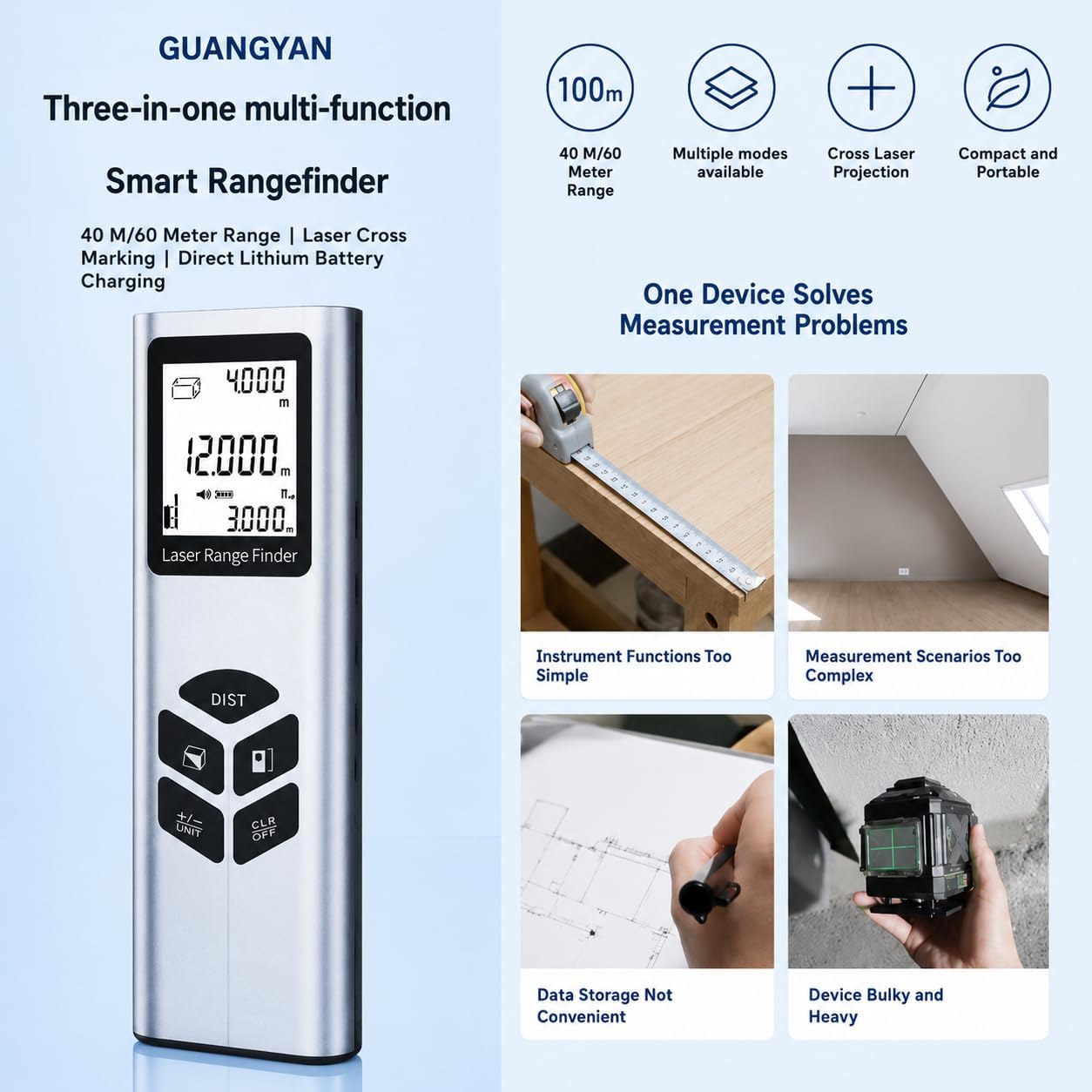 Télémètre Laser J-40/J-60 – Mesure de Distance 40 m/60 m, précision ±2 mm, Fonctions Surface/Volume/Pythagore, écran LCD rétroéclairé, Outil de Mesure Portable pour scénario Bricolage et Chantier.