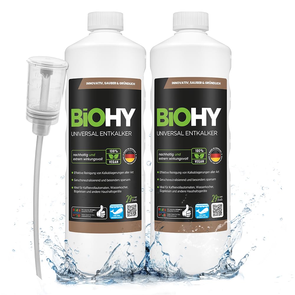 BiOHY Descalcificador universal (2 botellas de 1 litro) + Dosificador | Universeel concentraat voor alle huishoudelijke apparaten | Compatibel met alle koffiemachines en espressomachines (Entkalker)